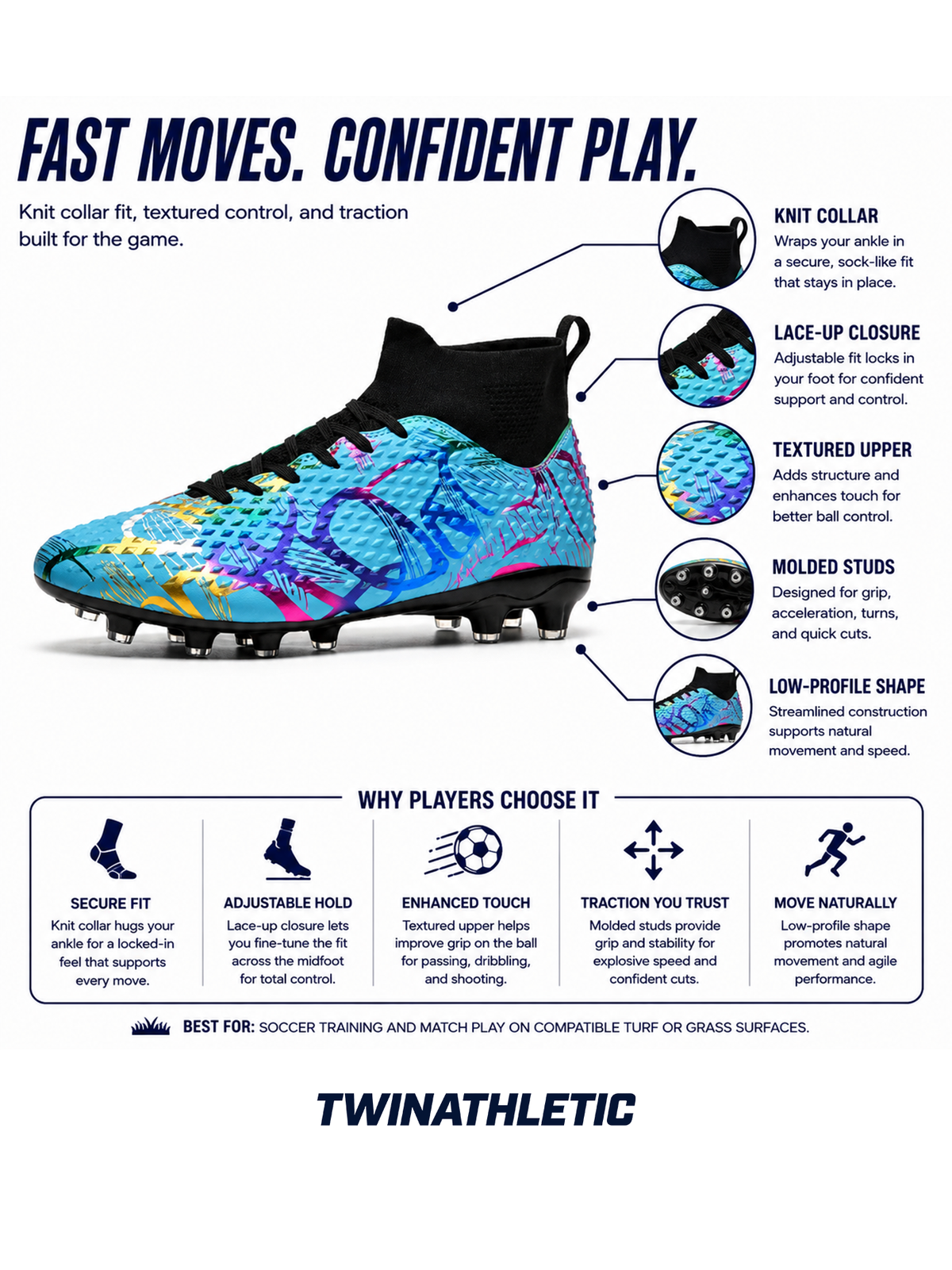 Soccer Cleats with Knit Collar and Textured Upper