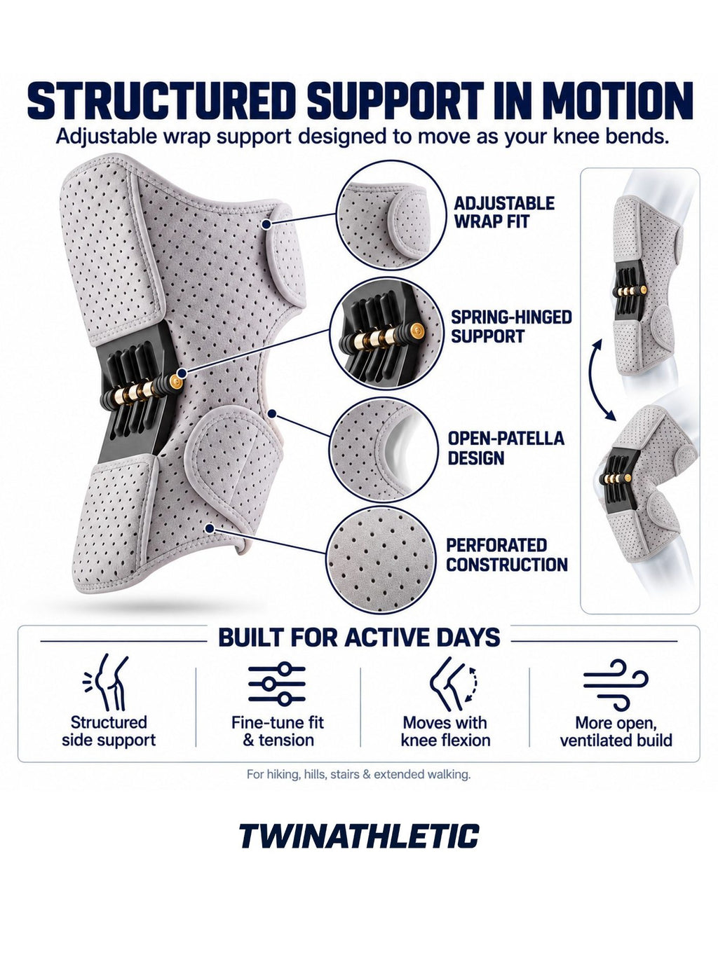 Spring-Hinged Adjustable Knee Support Brace