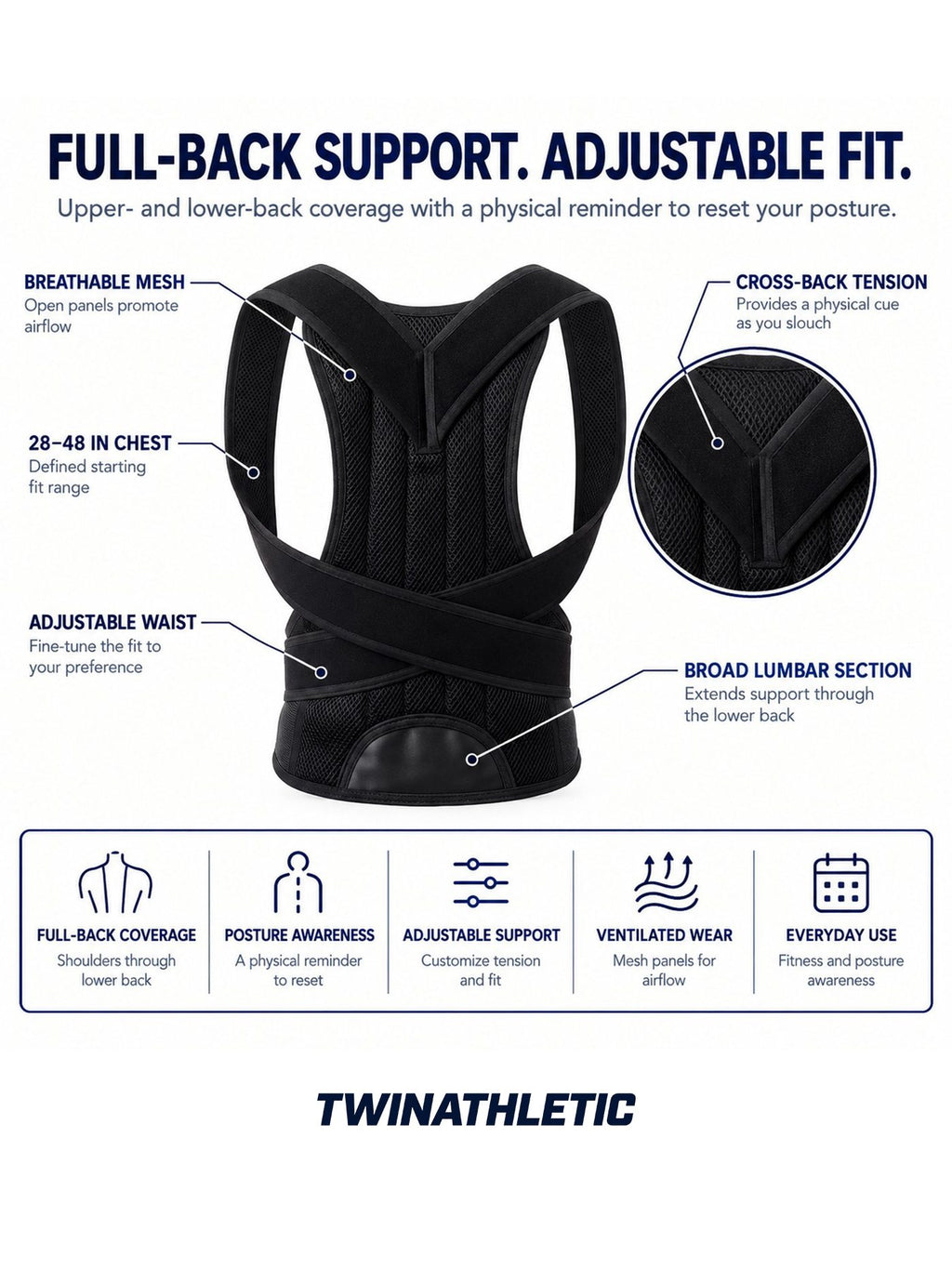 Adjustable Full-Back Posture Support Brace