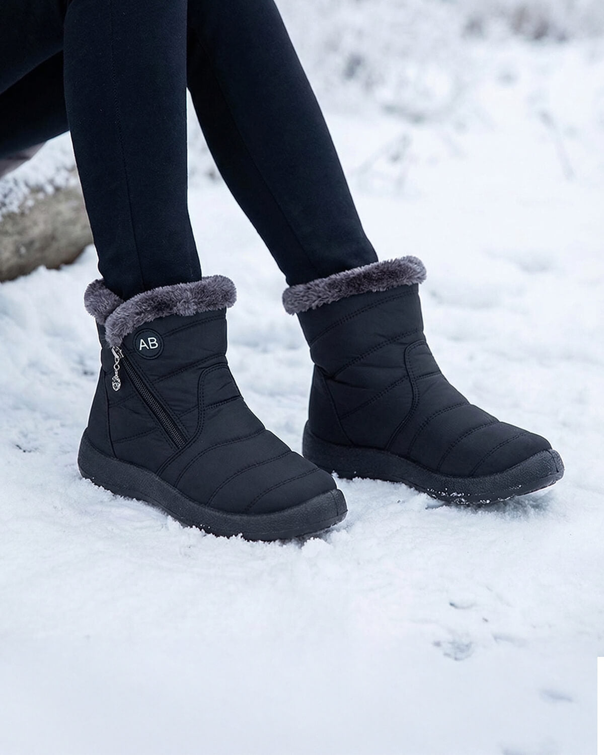 Plush-Lined Zip Winter Ankle Boots with Tread