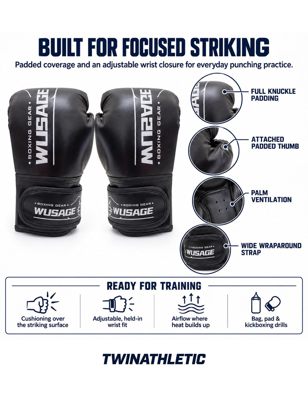 Boxing Training Gloves with Wraparound Wrist Closure