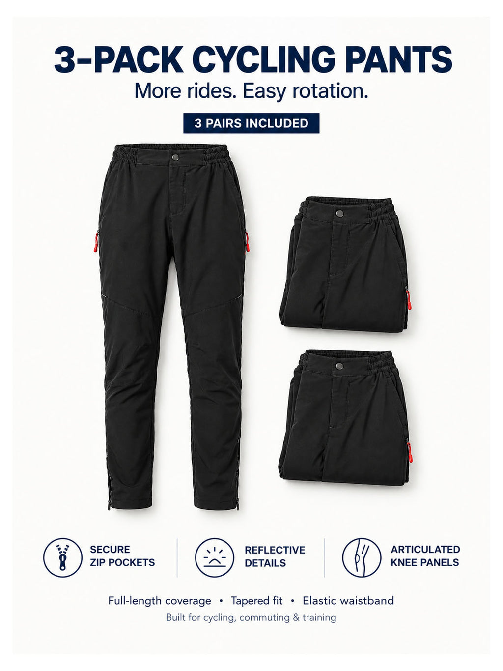 Full Length Reflective Men's Cycling Pants 3-Pack