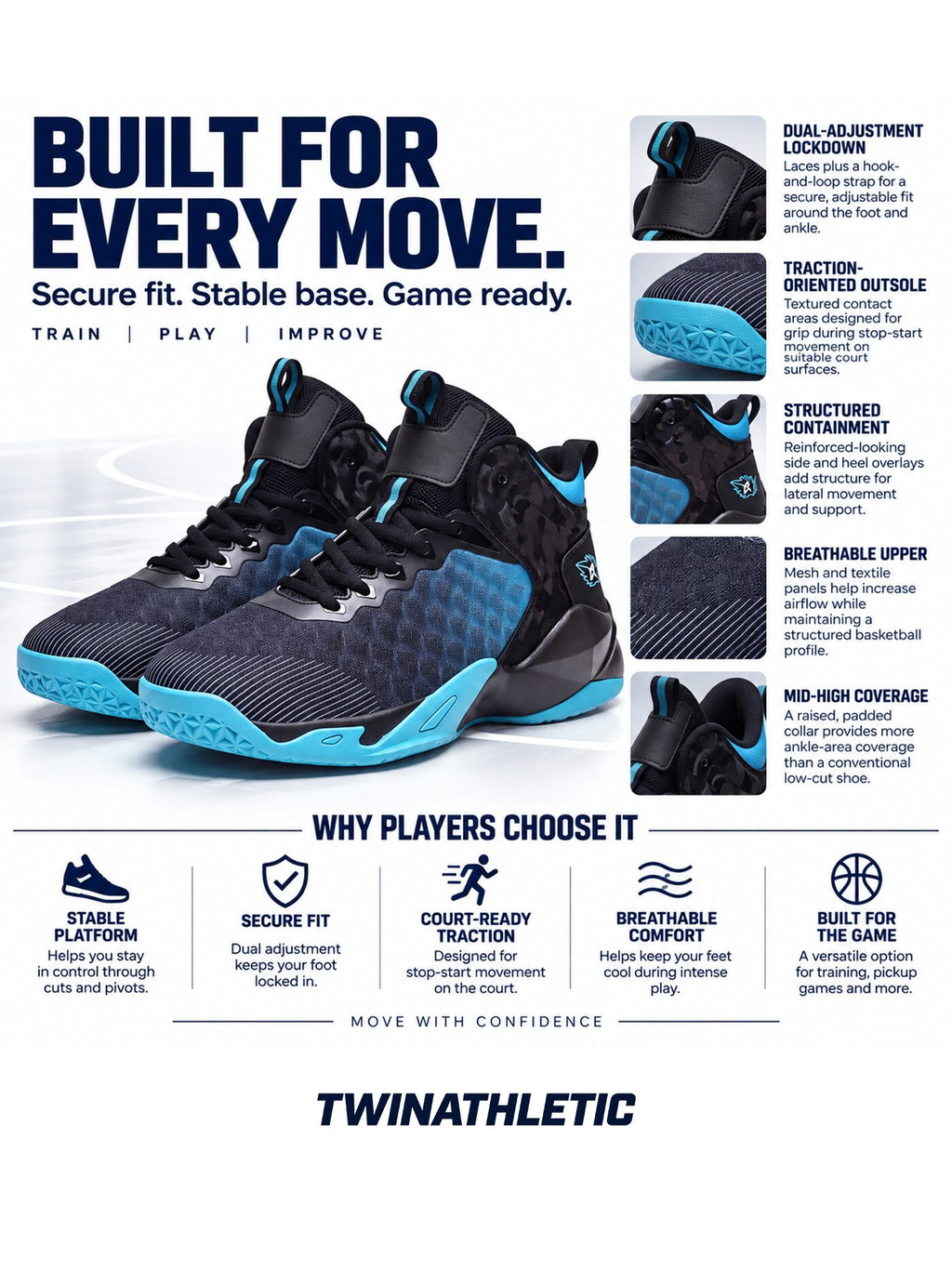 Mid-High Basketball Shoes with Adjustable Ankle Strap