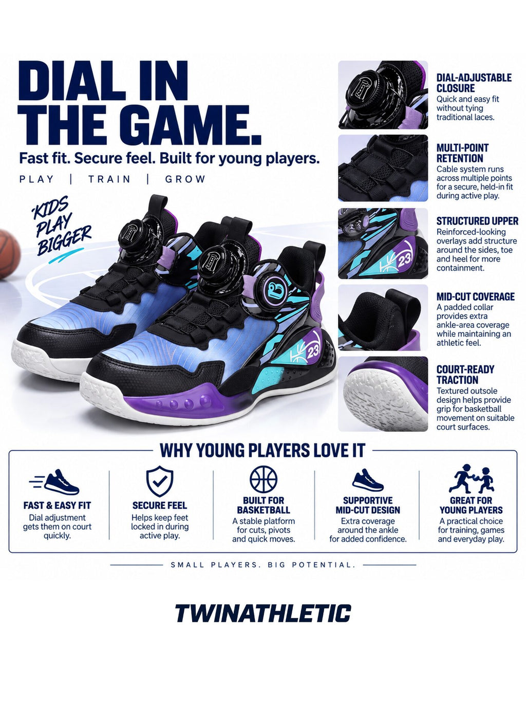 Kids' Dial-Closure Basketball Court Shoes