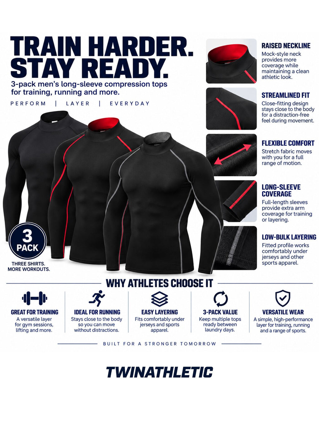 Men's Long Sleeve Compression Shirts 3-Pack