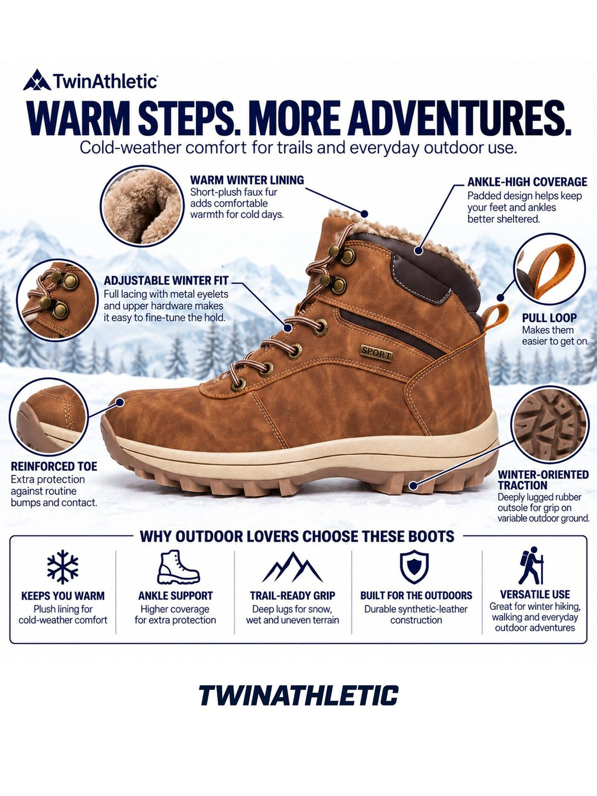 Warm-Lined Ankle-High Winter Hiking Boots