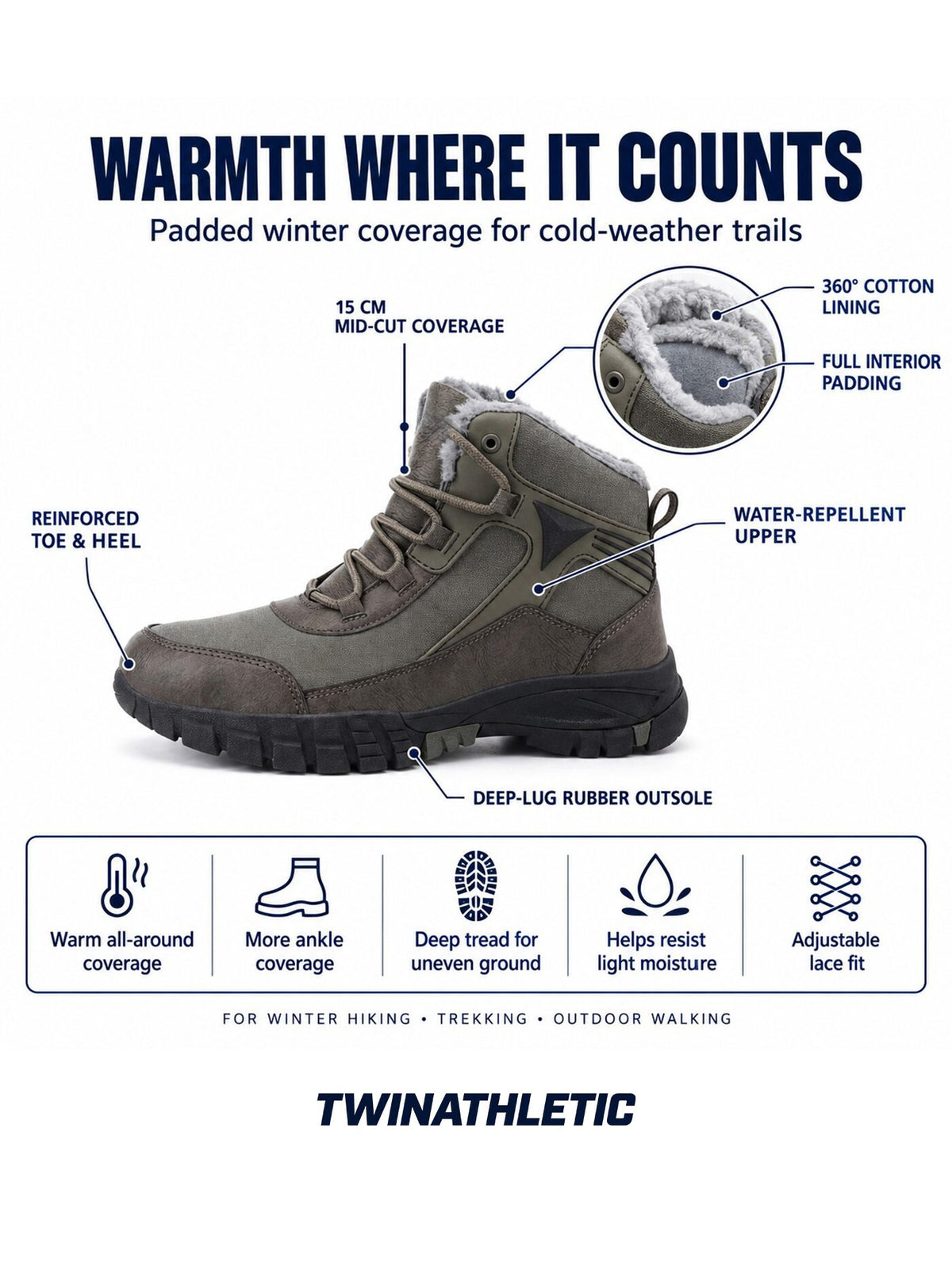 Warm-Lined Mid-Cut Winter Trekking Boots