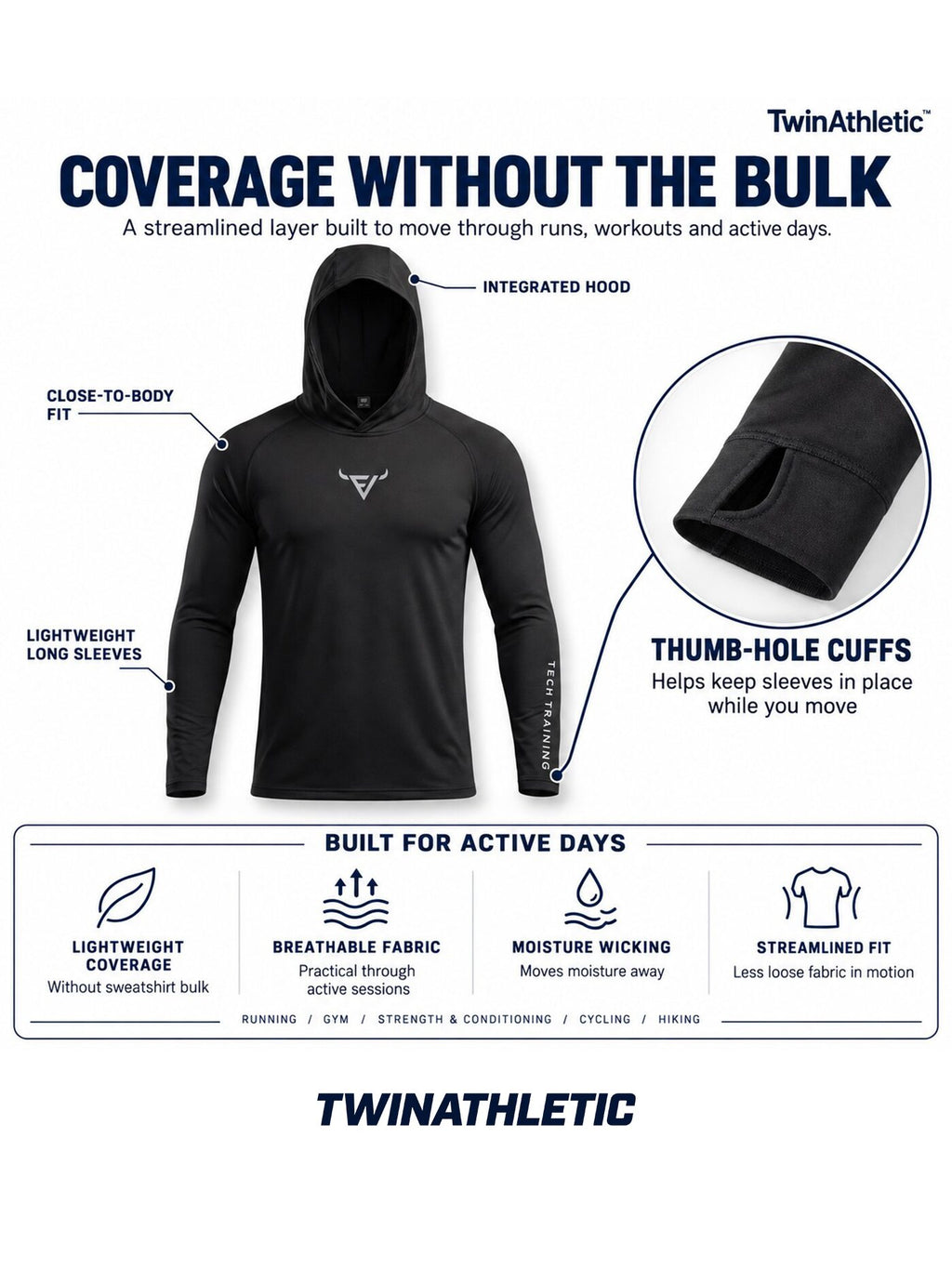 Men's Lightweight Hooded Training Top with Thumb Holes