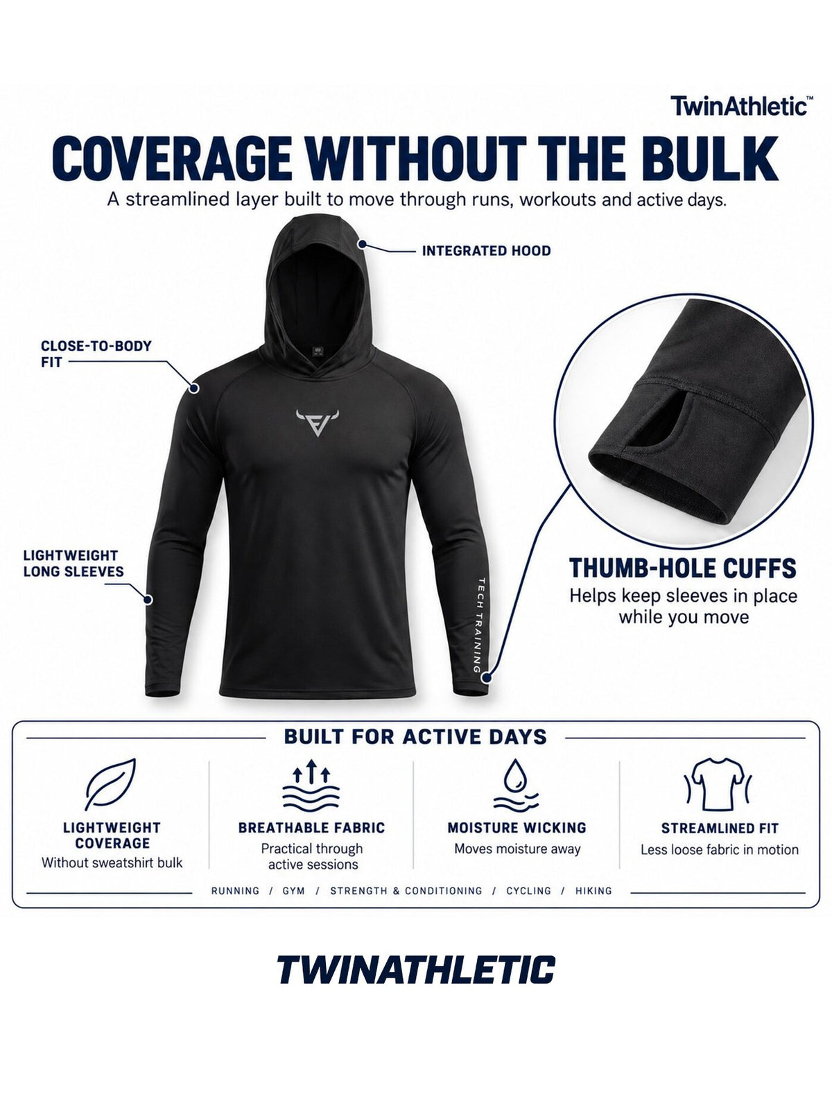 Men's Lightweight Hooded Training Top with Thumb Holes