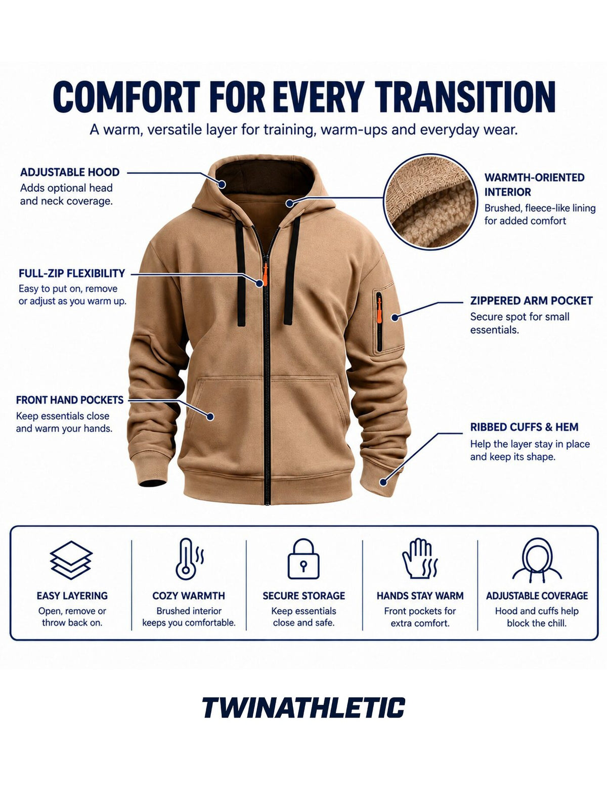 Full-Zip Training Hoodie with Zippered Sleeve Pocket