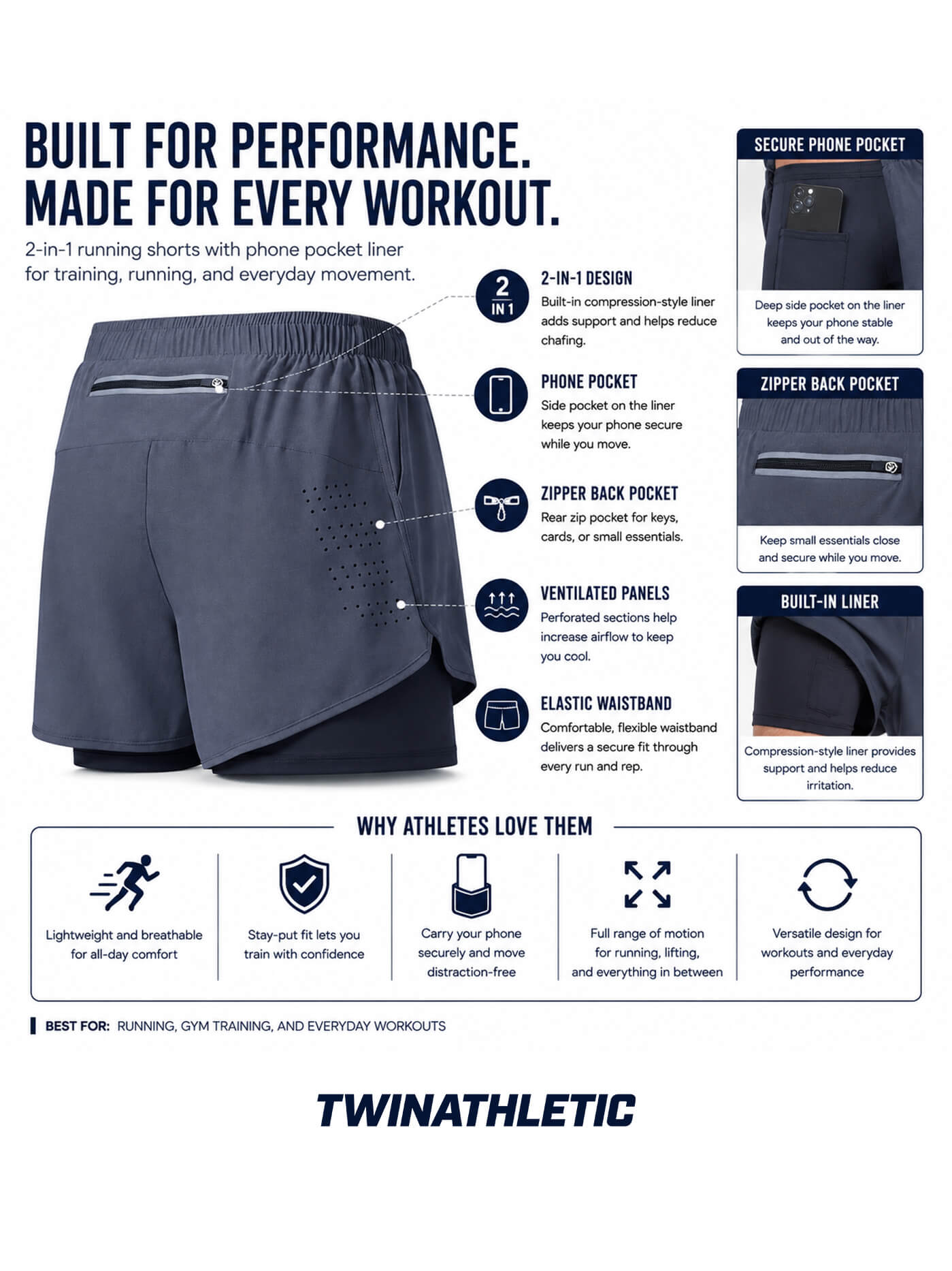 2-in-1 Running Shorts with Phone Pocket Liner