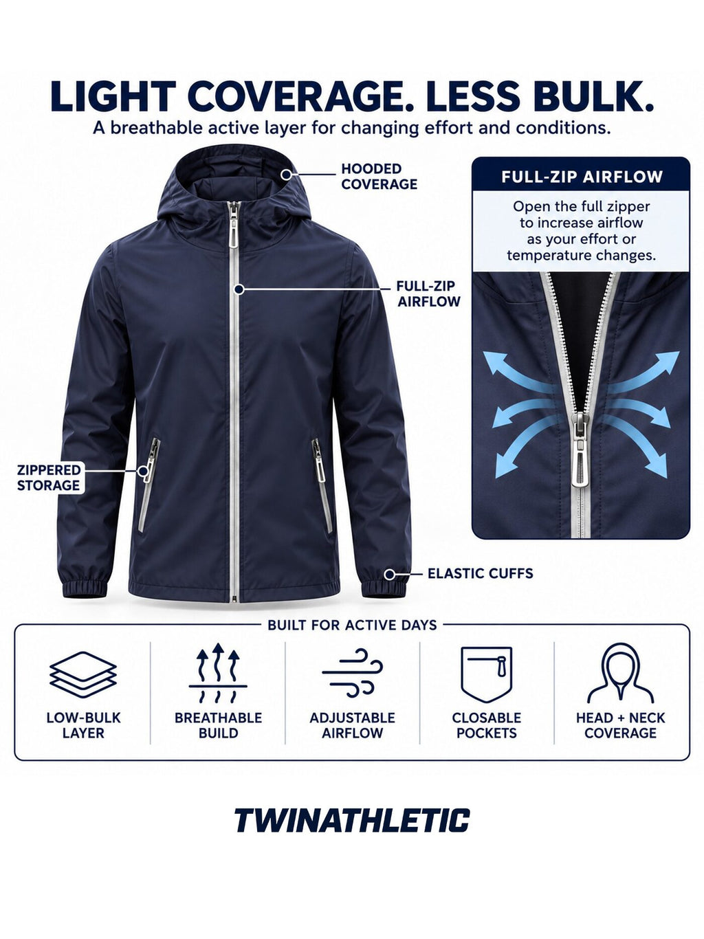 Lightweight Hooded Active Jacket with Zippered Pockets