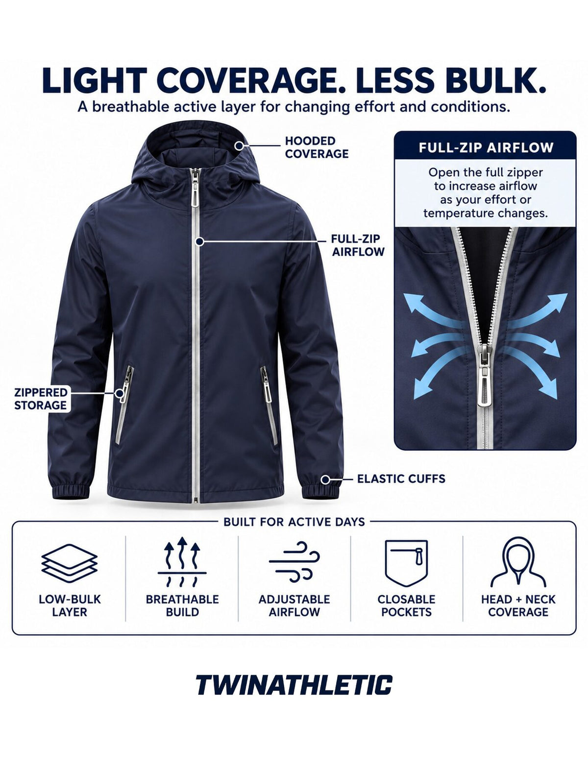 Lightweight Hooded Active Jacket with Zippered Pockets