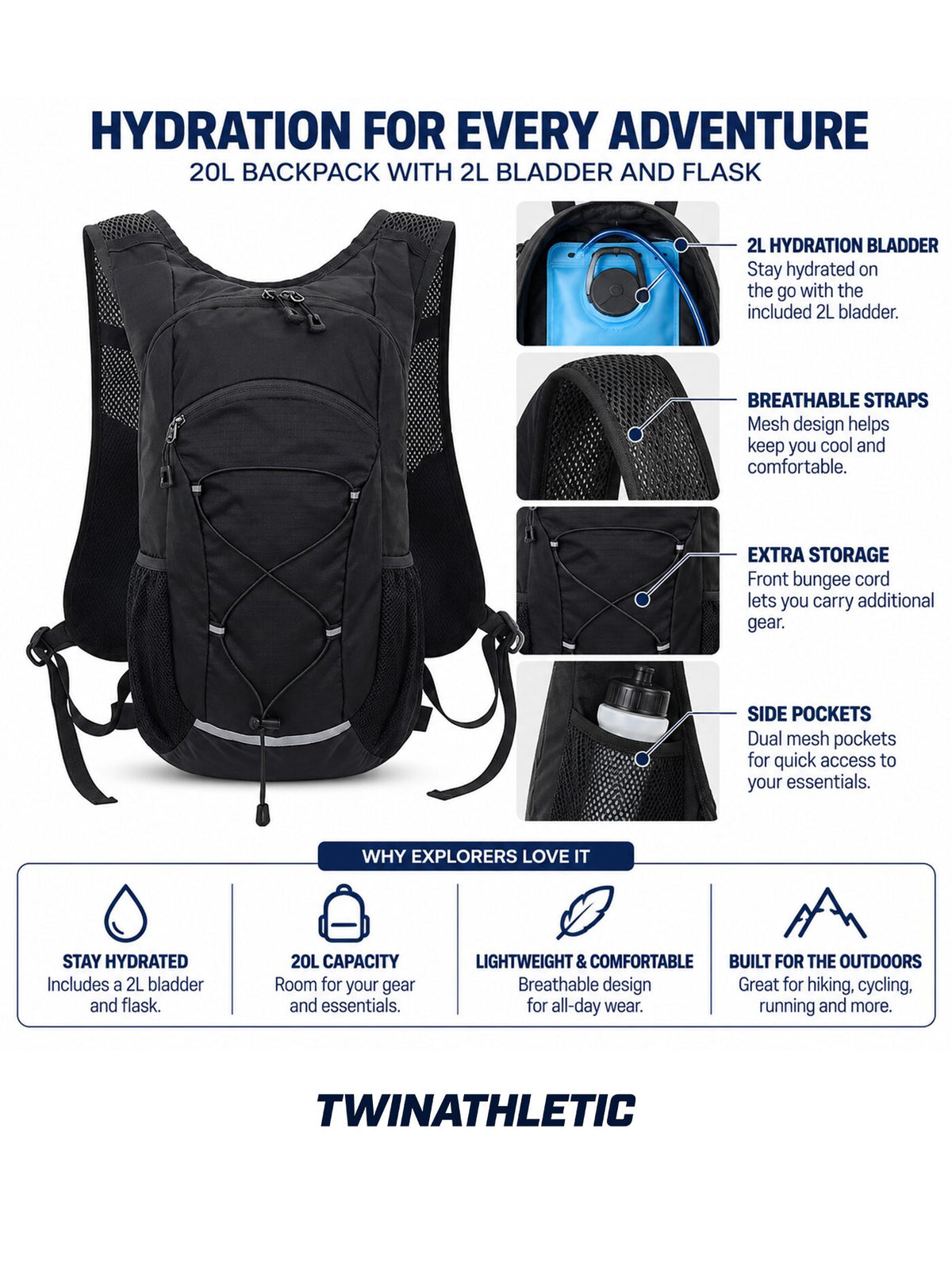 20L Hydration Backpack with 2L Bladder and Flask