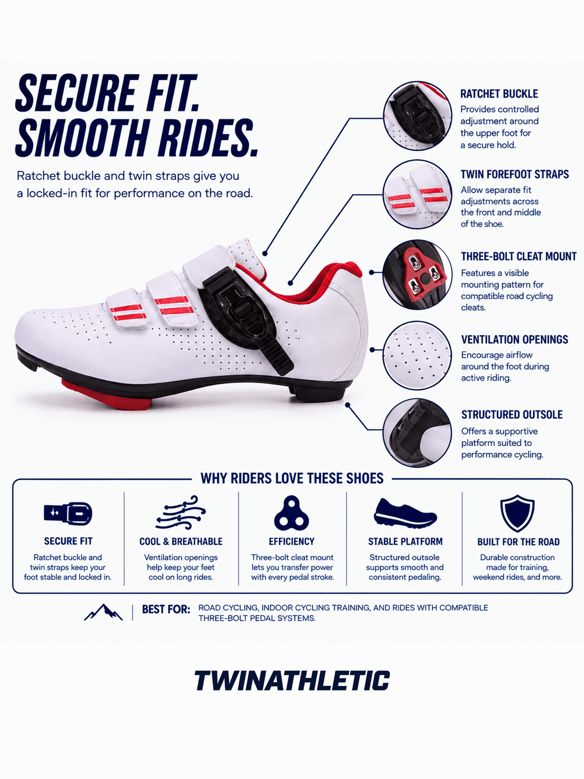 Road Cycling Shoes with Ratchet Buckle and Twin Straps