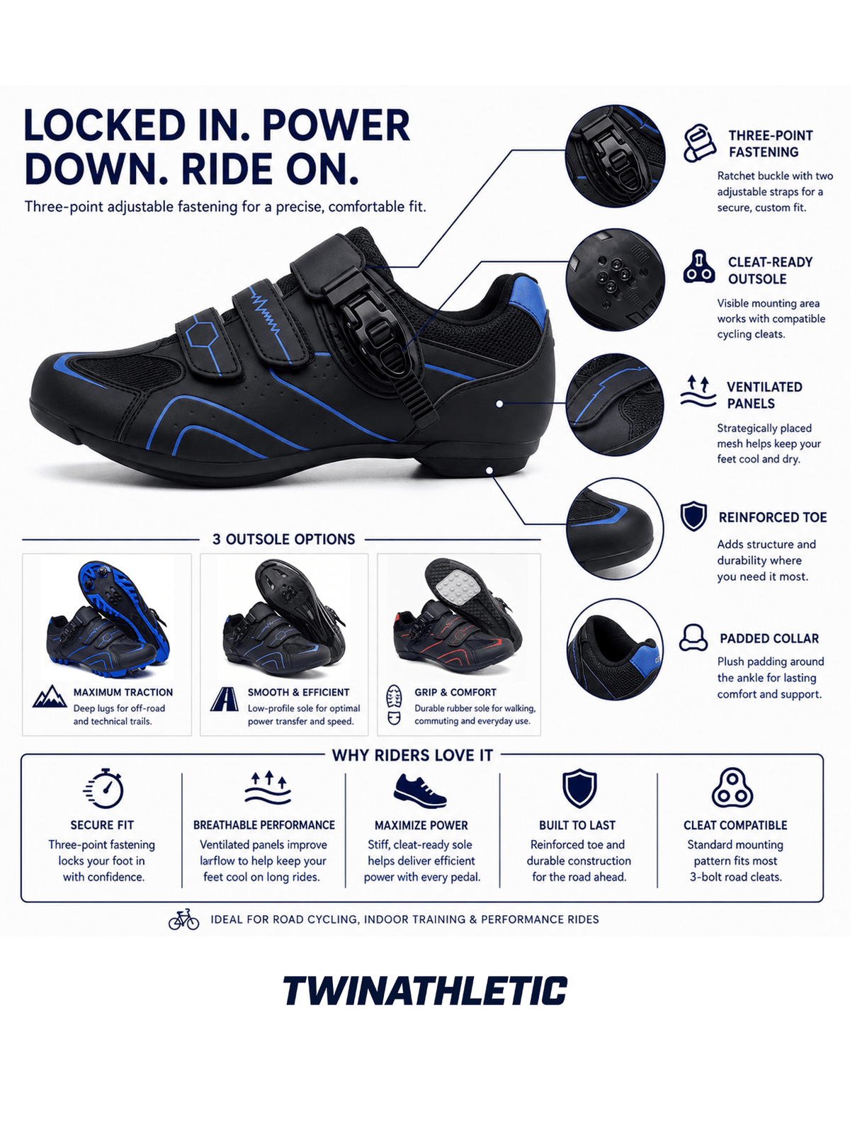 Road Cycling Shoes with Three-Point Adjustable Fastening