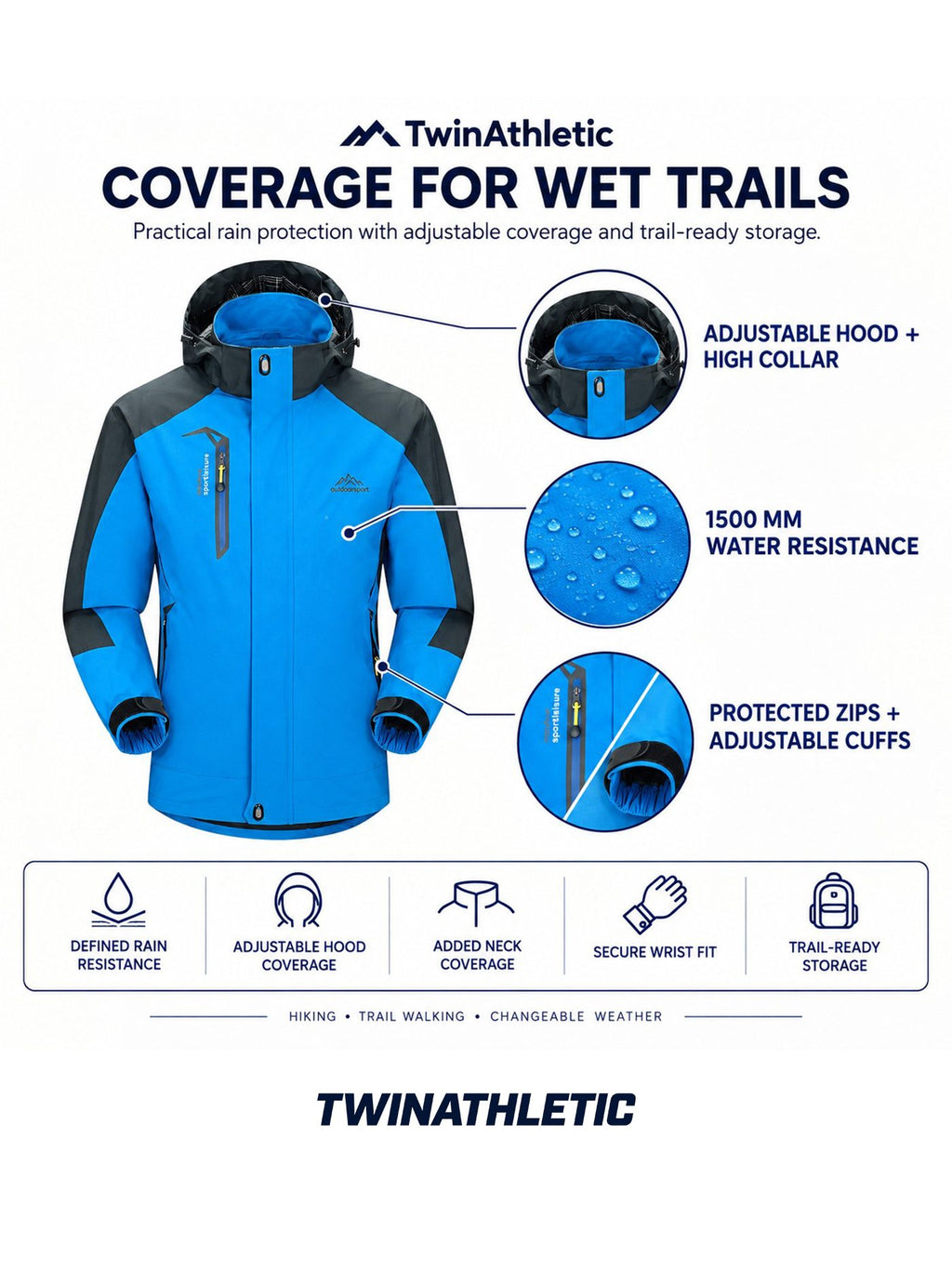 Hooded Hiking Rain Shell with 1500mm Protection