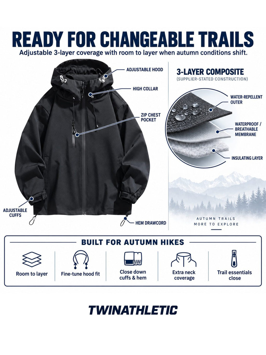 Adjustable 3-Layer Autumn Hiking Jacket