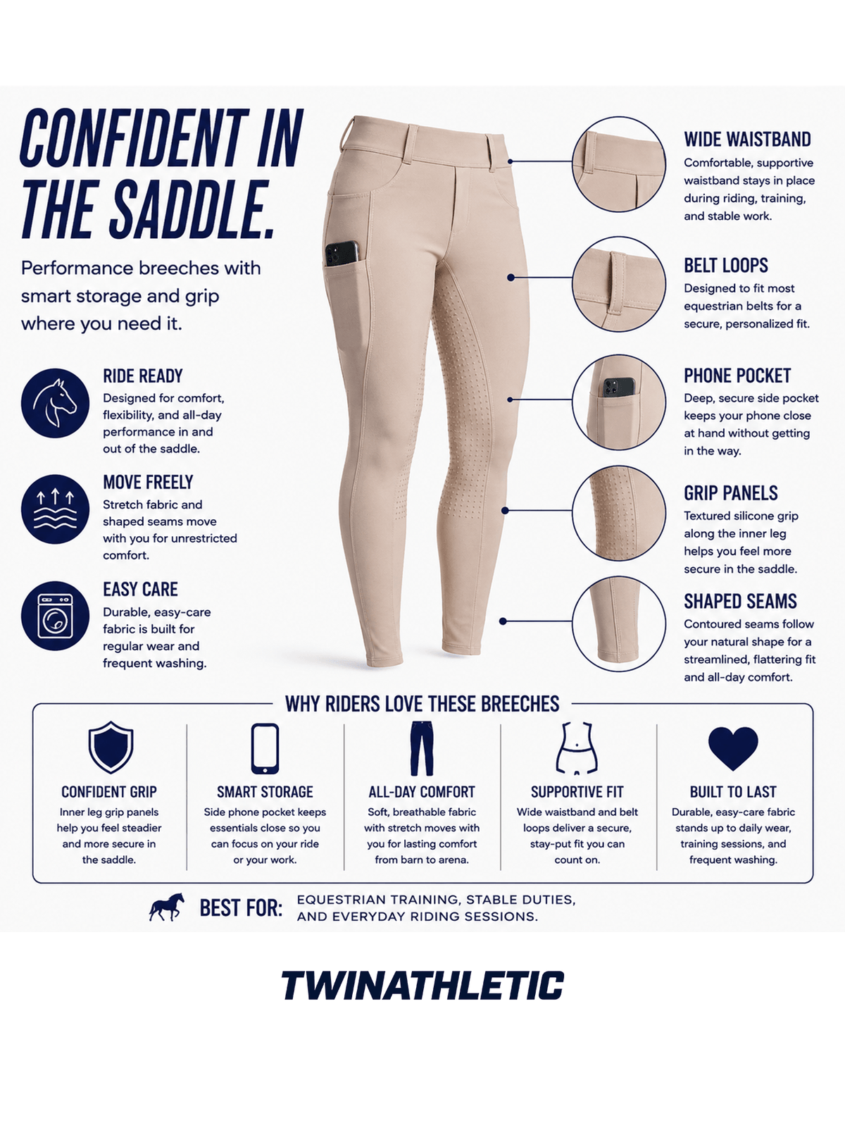 Women’s Equestrian Riding Breeches with Phone Pocket and Grip Panels