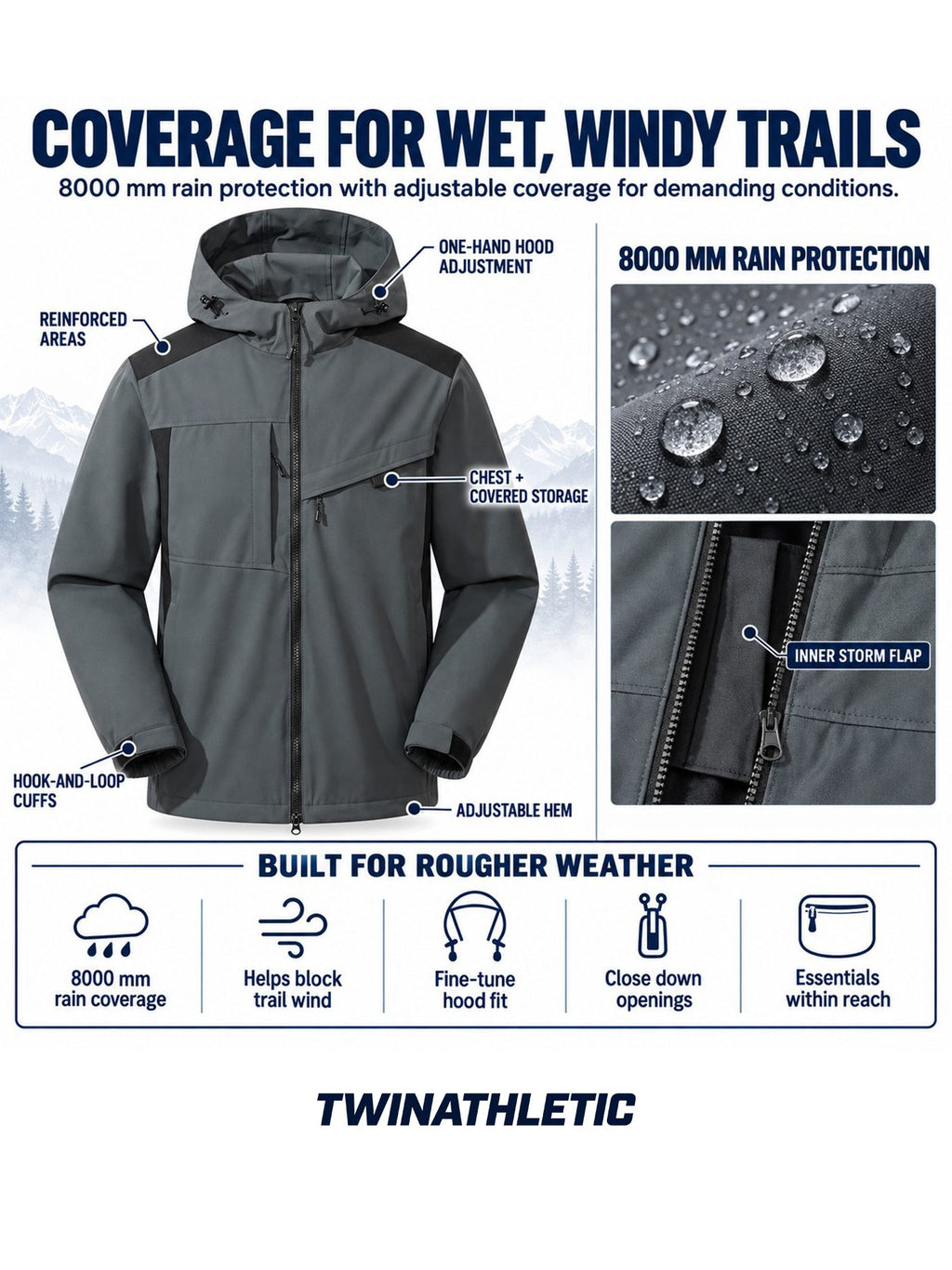 8000mm Waterproof Hiking Shell with Adjustable Hood