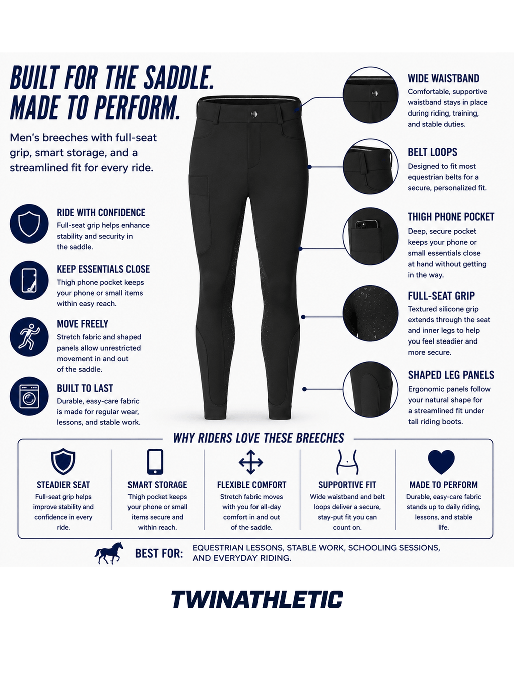 Men’s Equestrian Breeches with Full-Seat Grip and Phone Pocket