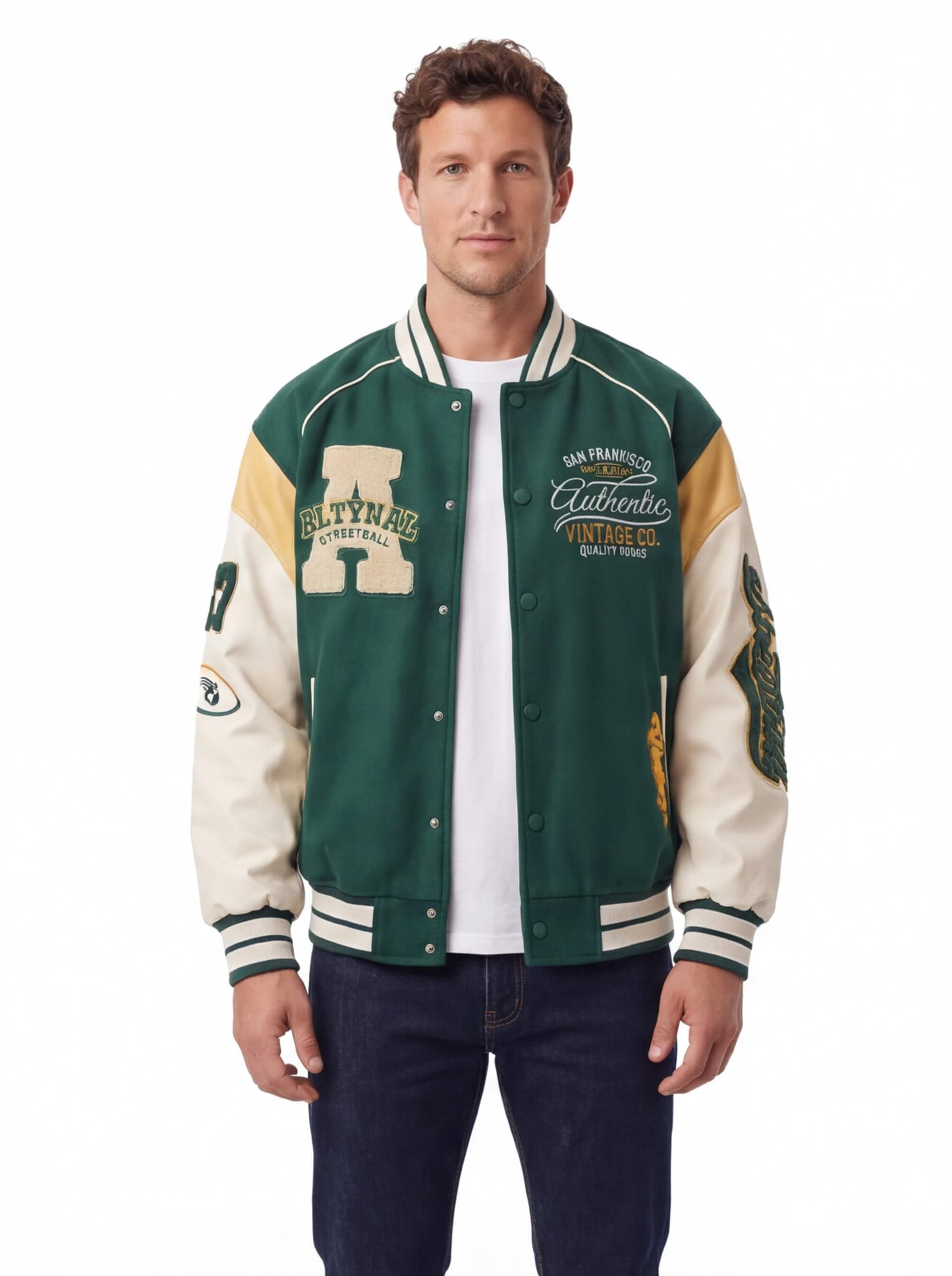 Varsity Baseball Jacket with Snap Front and Patches