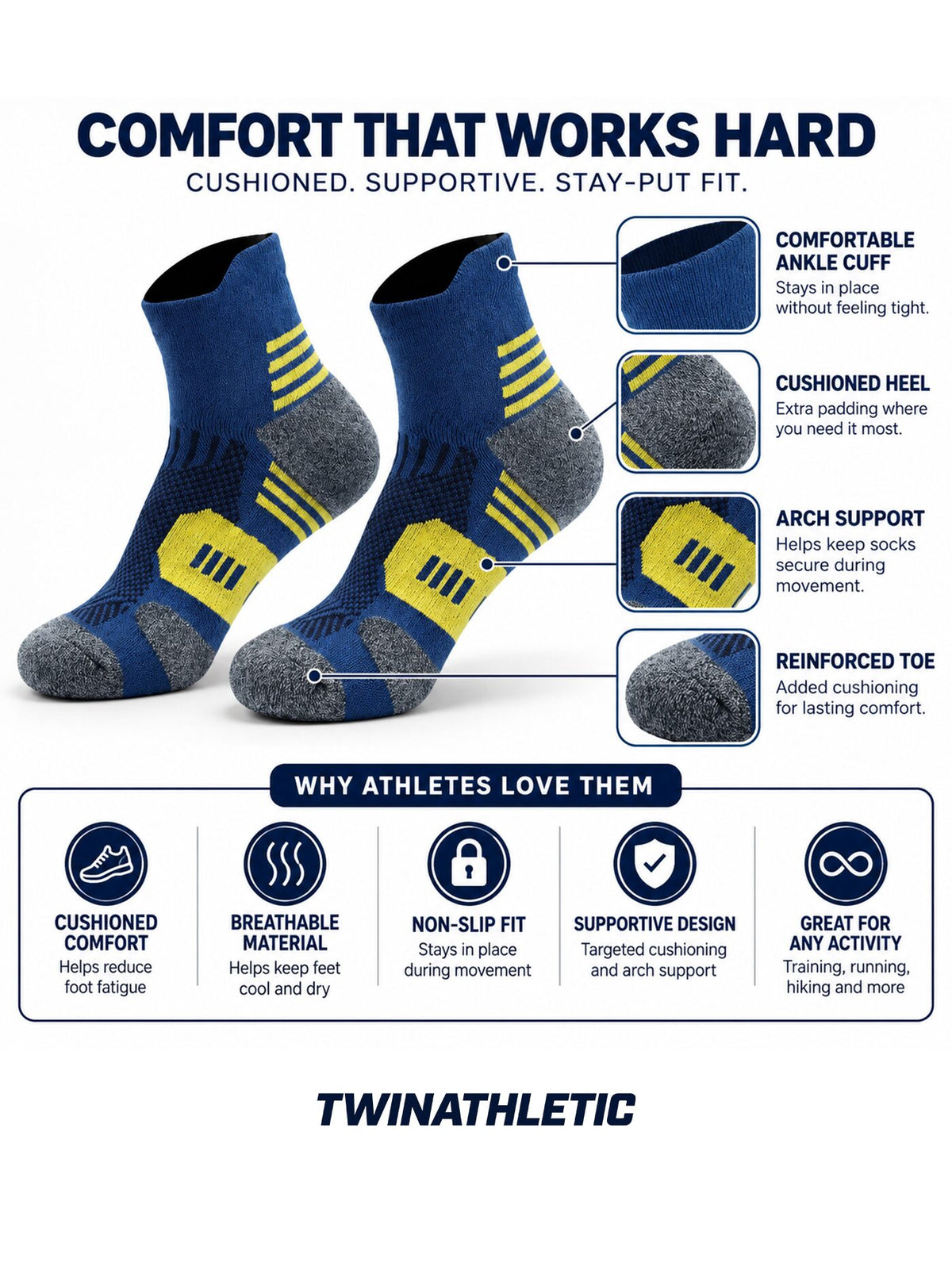 3-Pack Non-Slip Training Socks with Cushioned Sole