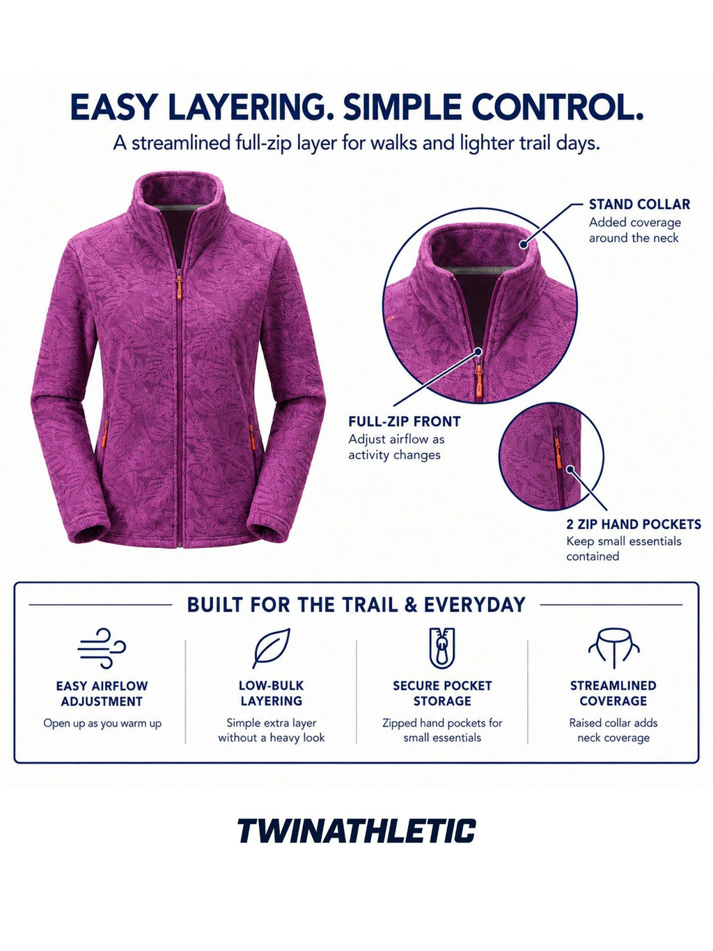 Lightweight Full-Zip Hiking Jacket with Zippered Pockets