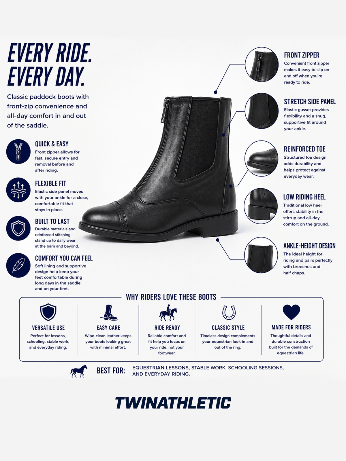 Equestrian Paddock Boots with Front Zipper and Stretch Panel