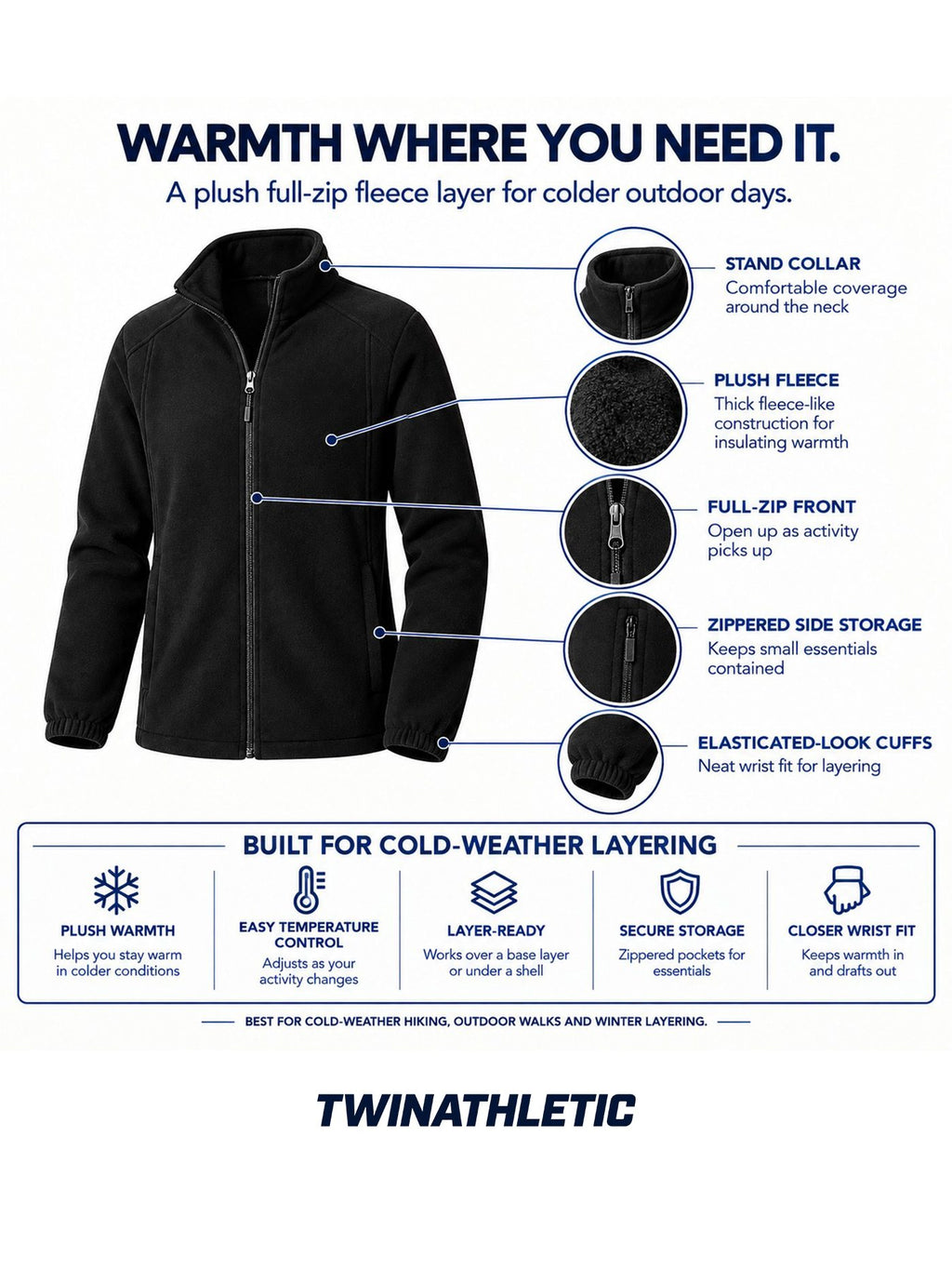 Women's Thick Full-Zip Fleece Hiking Jacket