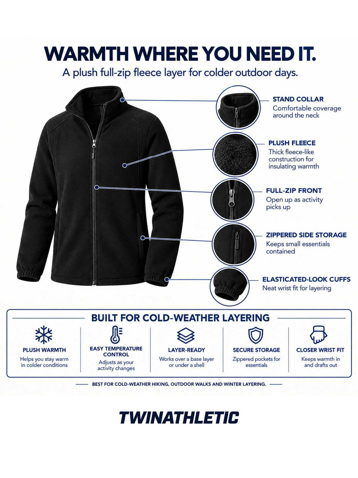 Women's Thick Full-Zip Fleece Hiking Jacket