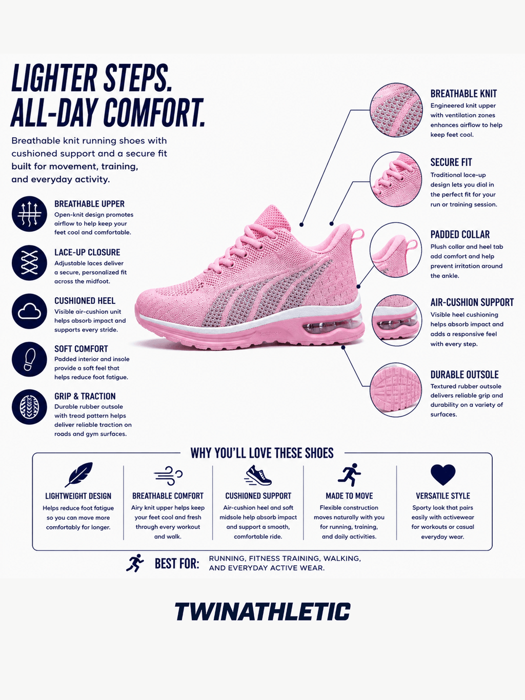 Cushioned Running Shoes with Breathable Knit Upper