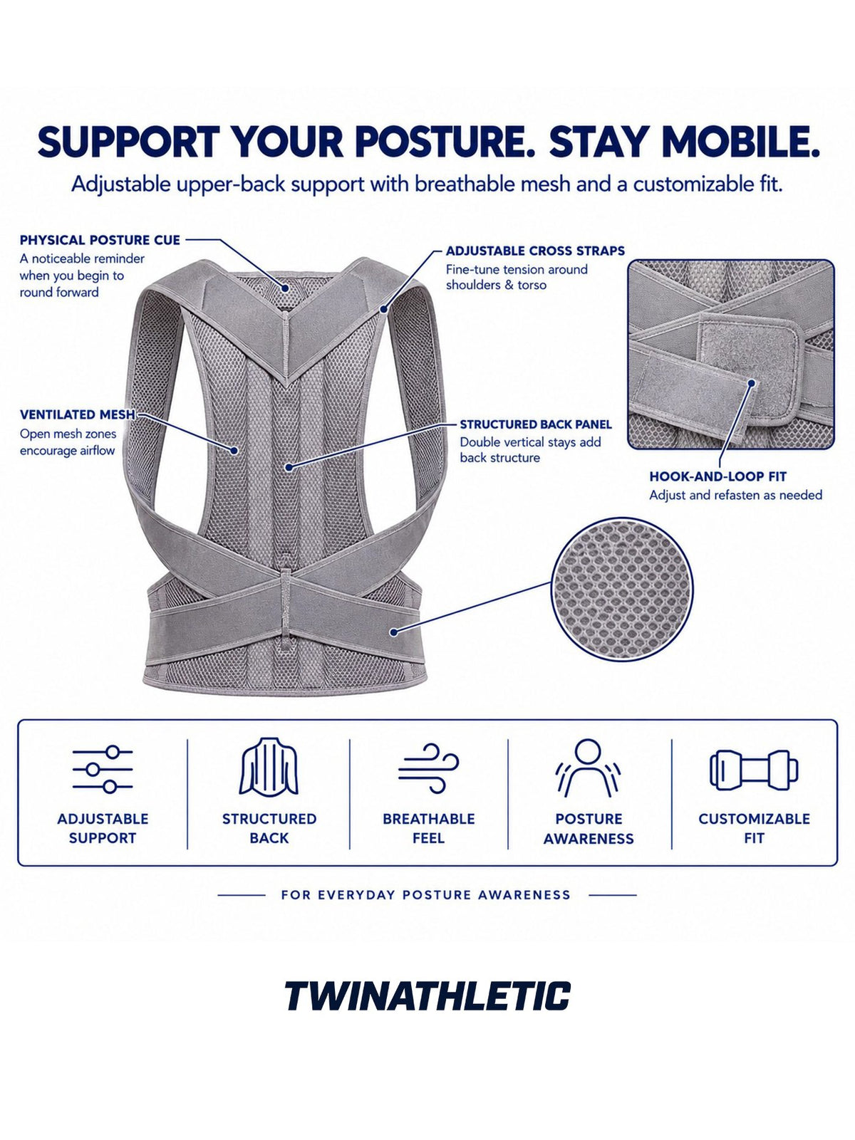 Adjustable Upper-Back Posture Support with Ventilated Mesh