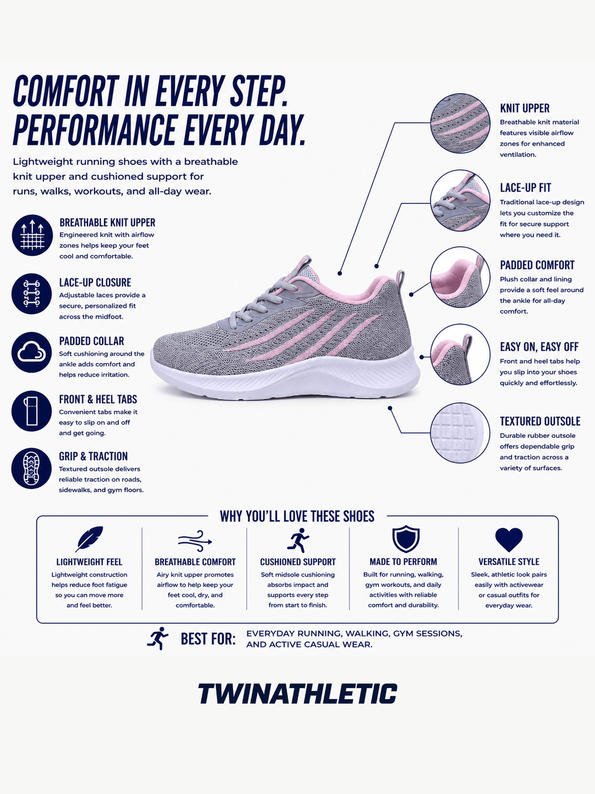 Everyday Running Shoes with Knit Upper and Heel Tabs