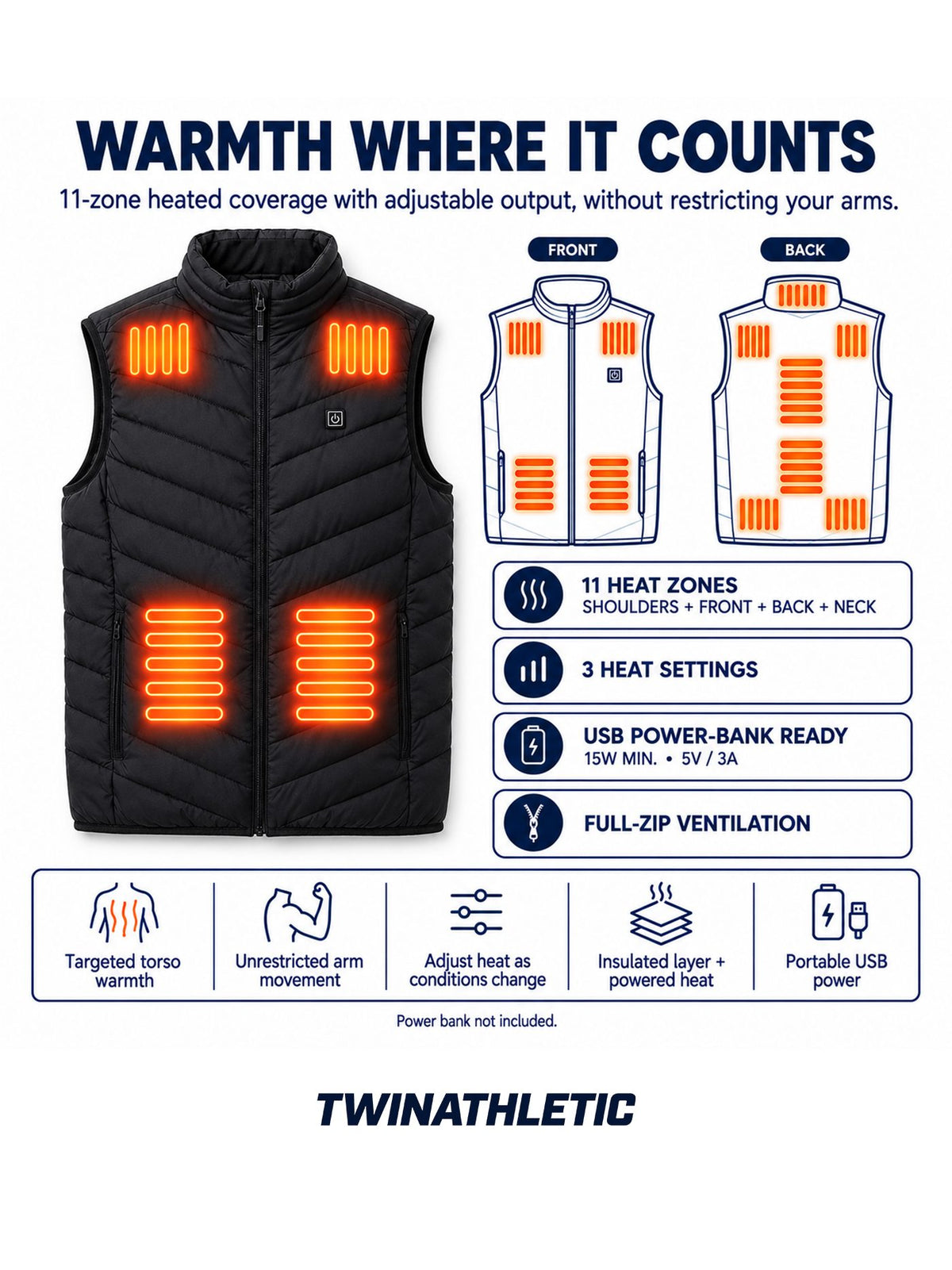 11-Zone Heated Vest with 3 Heat Settings