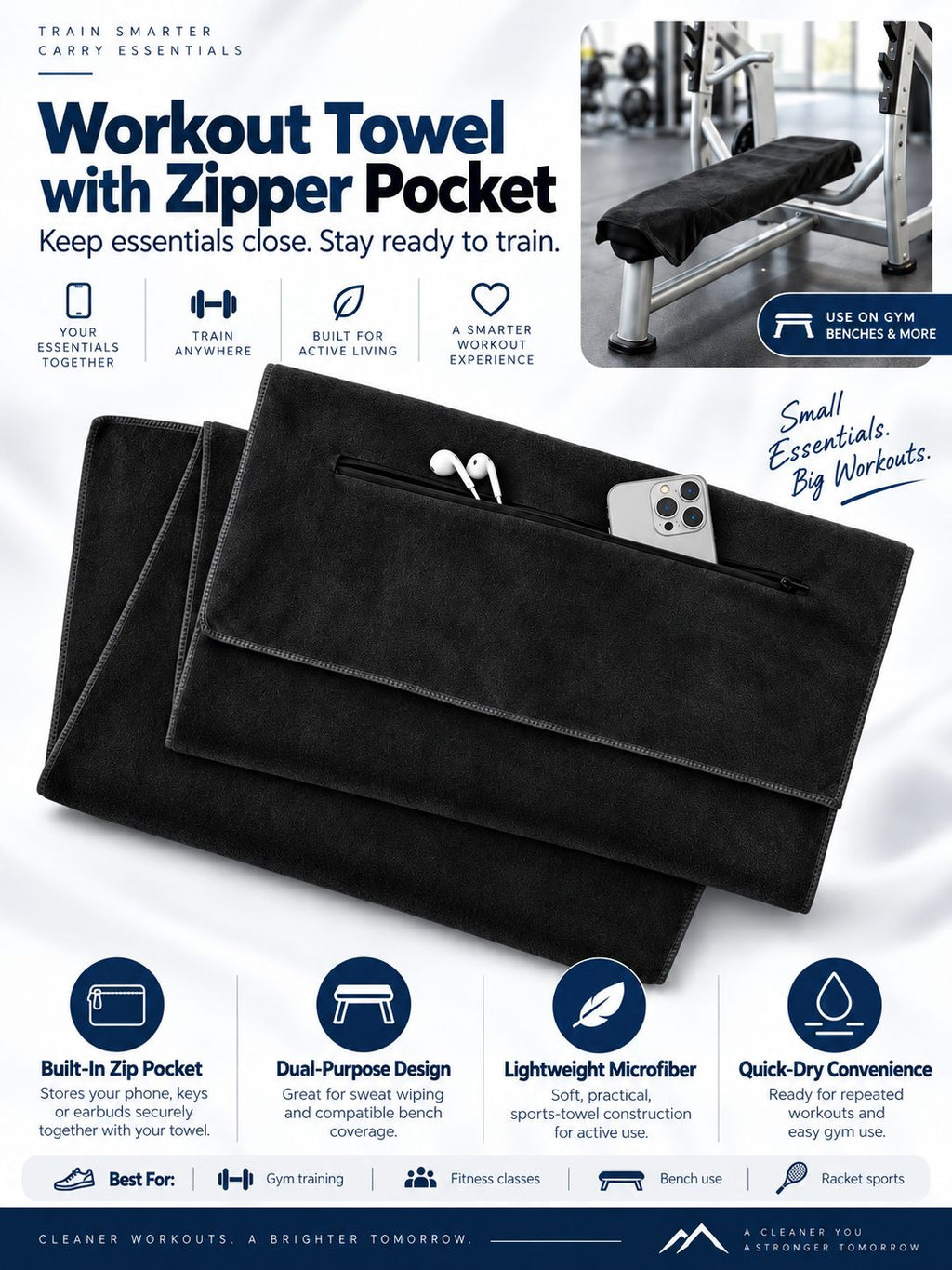 Microfiber Workout Towel with Zipper Pocket
