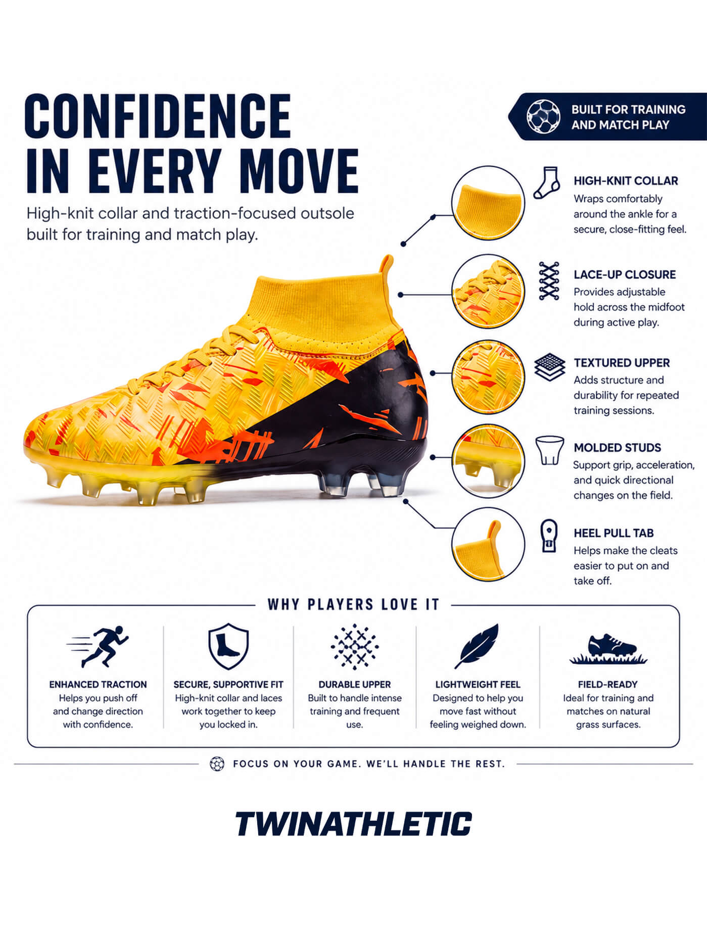 Soccer Cleats for Training with High-Knit Collar