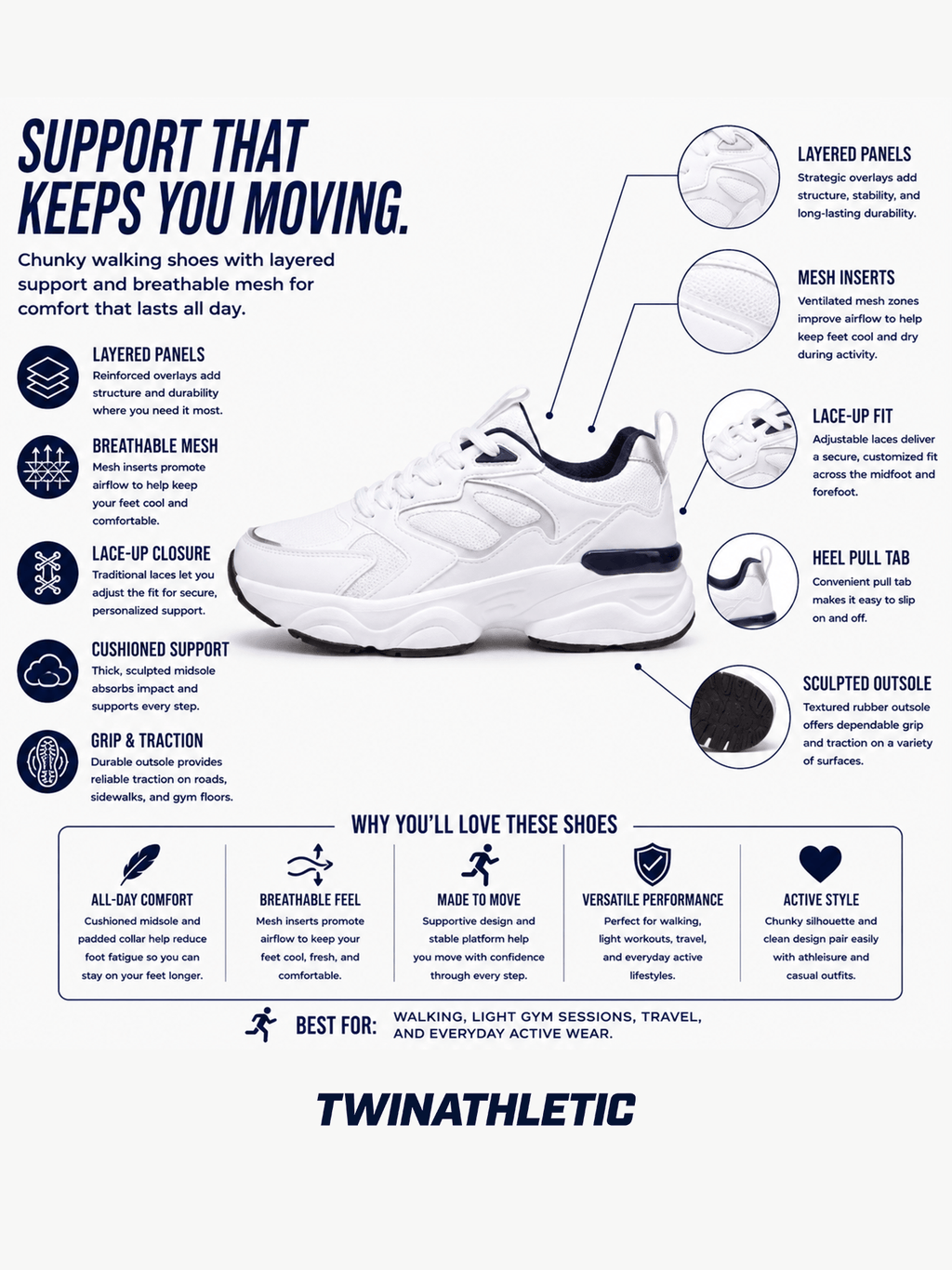 Chunky Walking Shoes with Layered Panels and Mesh Inserts