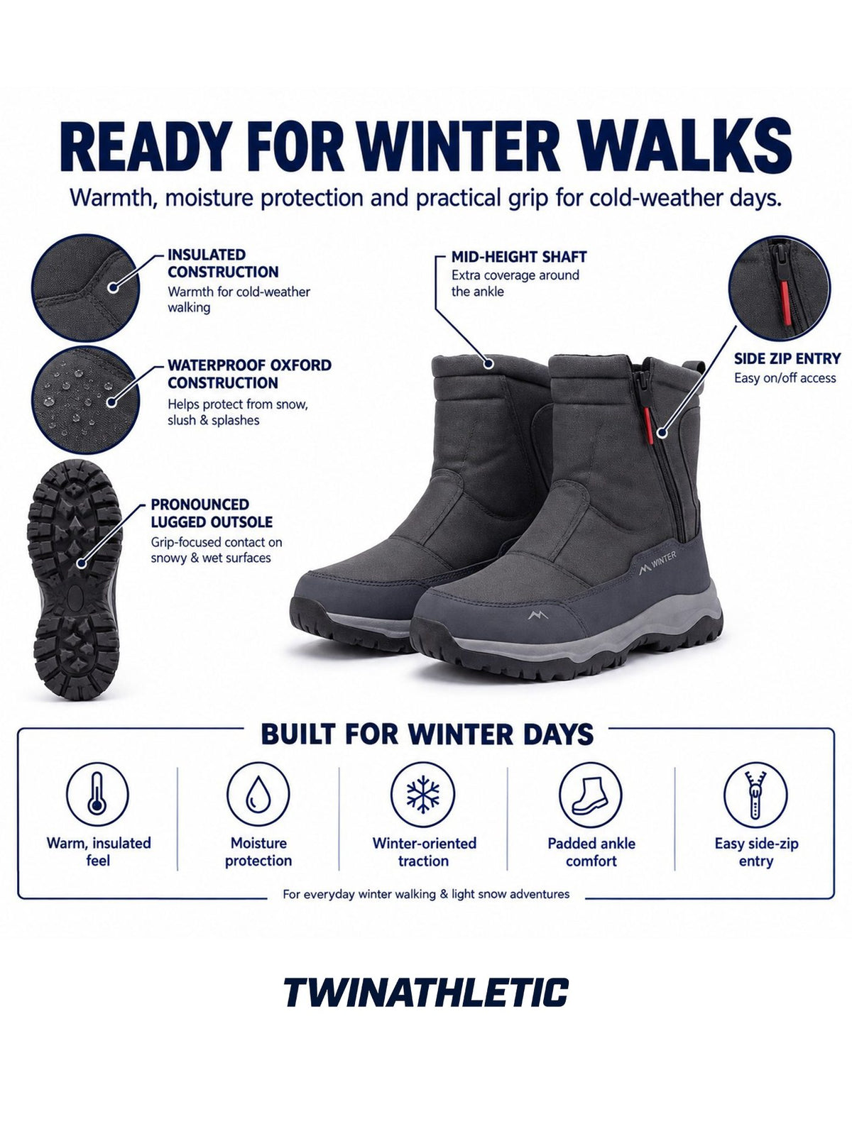Mid-Height Snow Boots with Side-Zip Entry