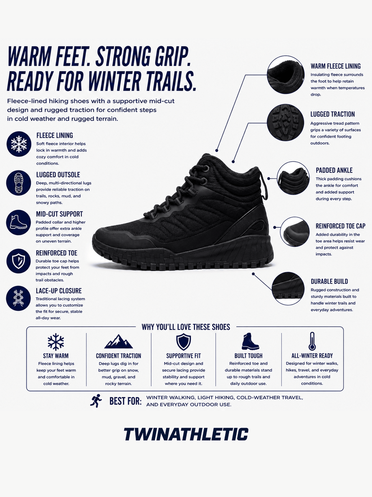 Fleece-Lined Winter Hiking Shoes with Lugged Outsole