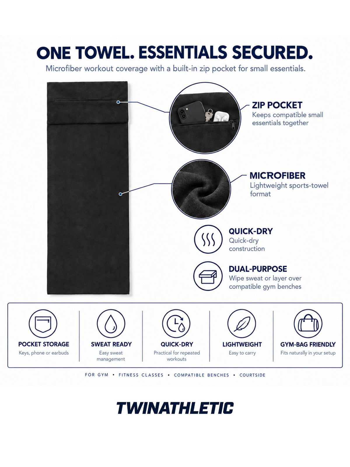 Microfiber Workout Towel with Zipper Pocket