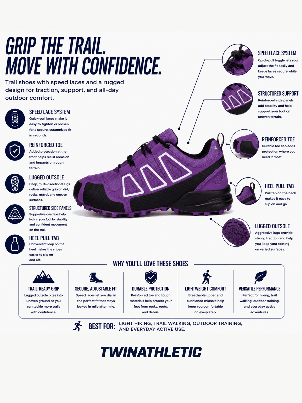 Trail Shoes with Speed Laces and Reinforced Toe