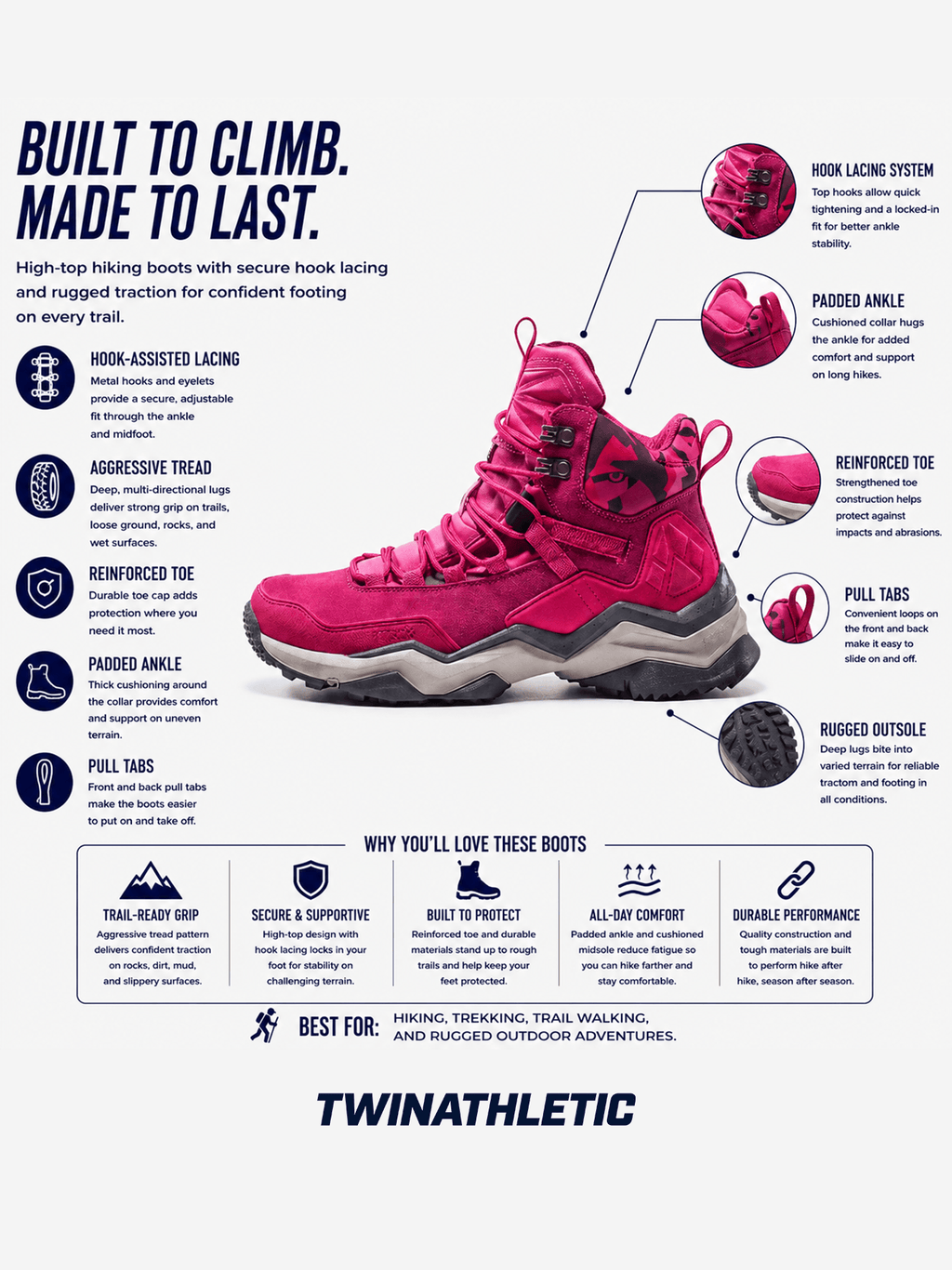 High-Top Hiking Boots with Hook Lacing and Rugged Tread