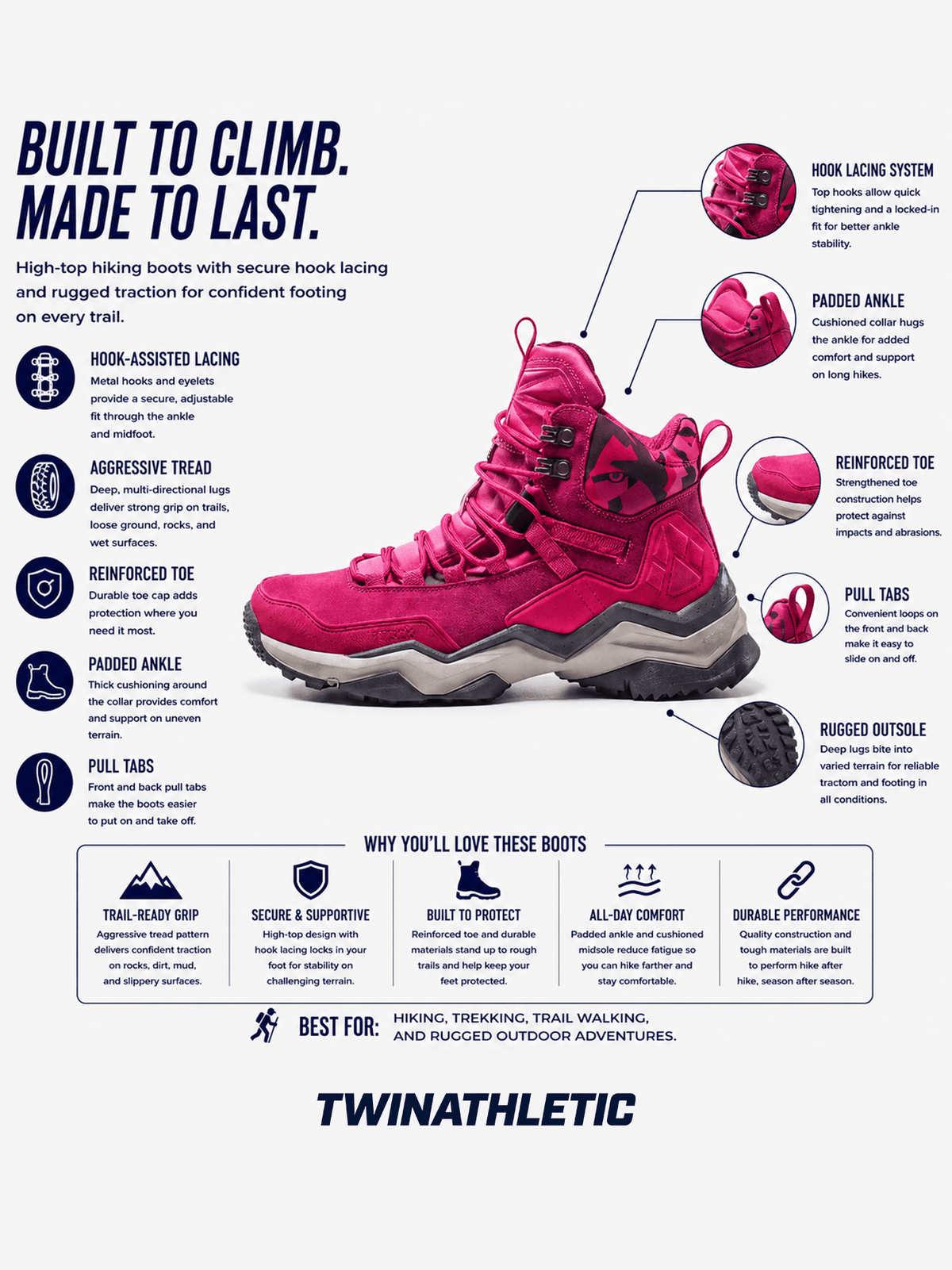 High-Top Hiking Boots with Hook Lacing and Rugged Tread