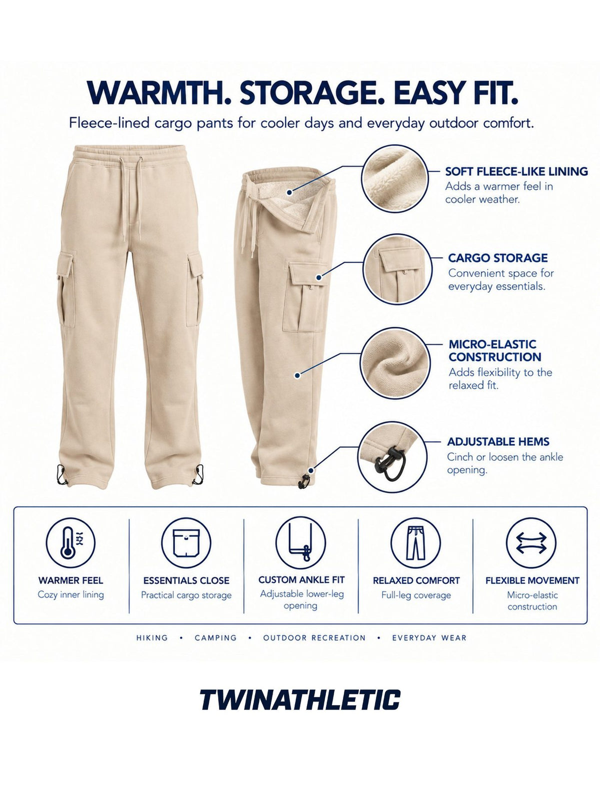 Fleece-Lined Cargo Pants with Adjustable Hems