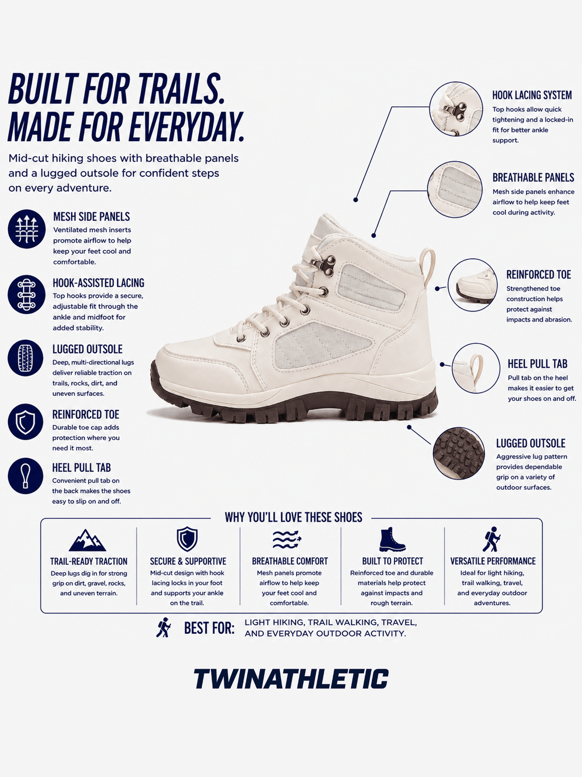 Mid-Cut Hiking Shoes with Mesh Panels and Lugged Sole