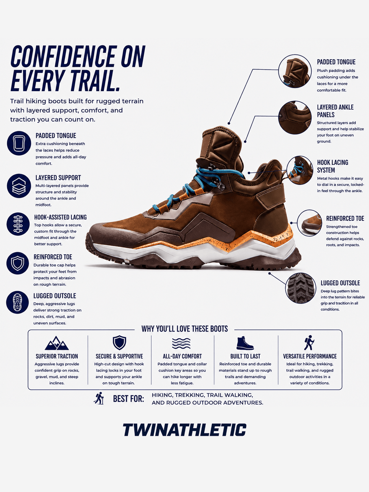 Trail Hiking Boots with Padded Tongue and Layered Support
