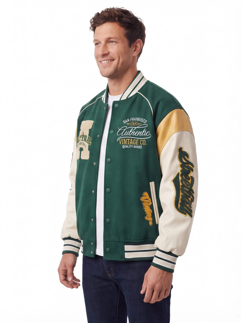 Varsity Baseball Jacket with Snap Front and Patches