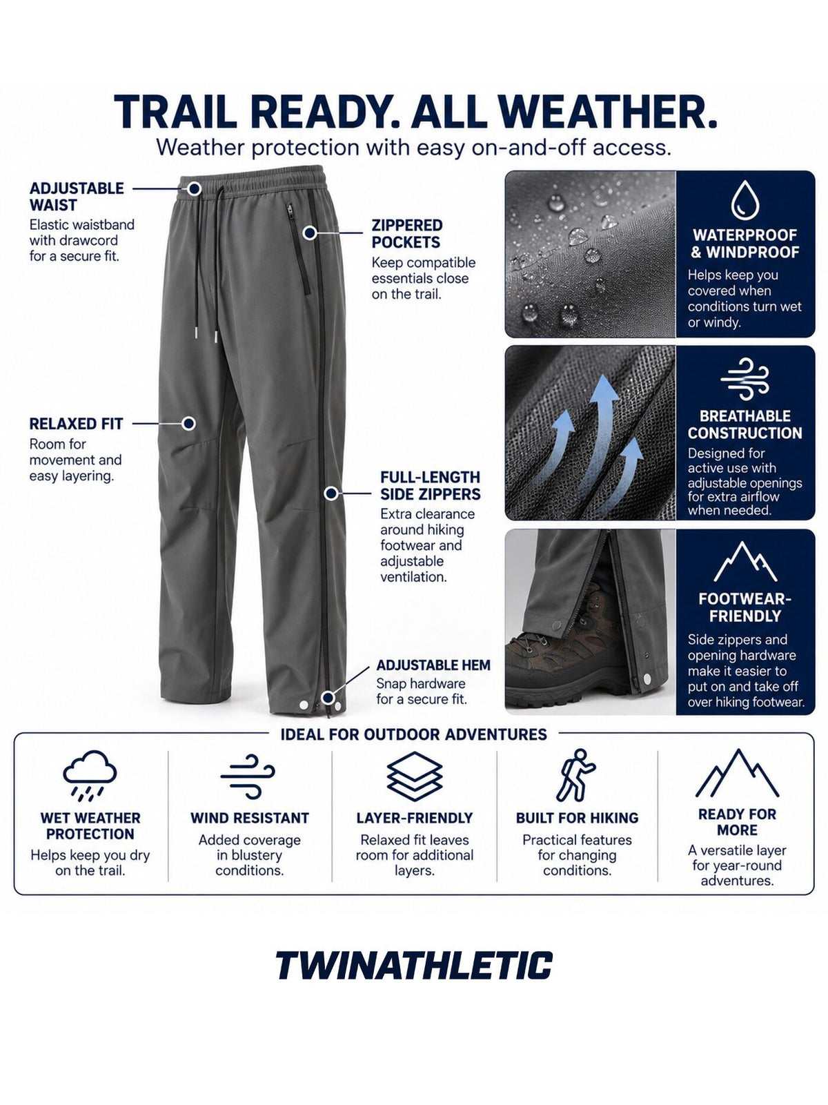 Side-Opening Hiking Rain Pants with Adjustable Hems