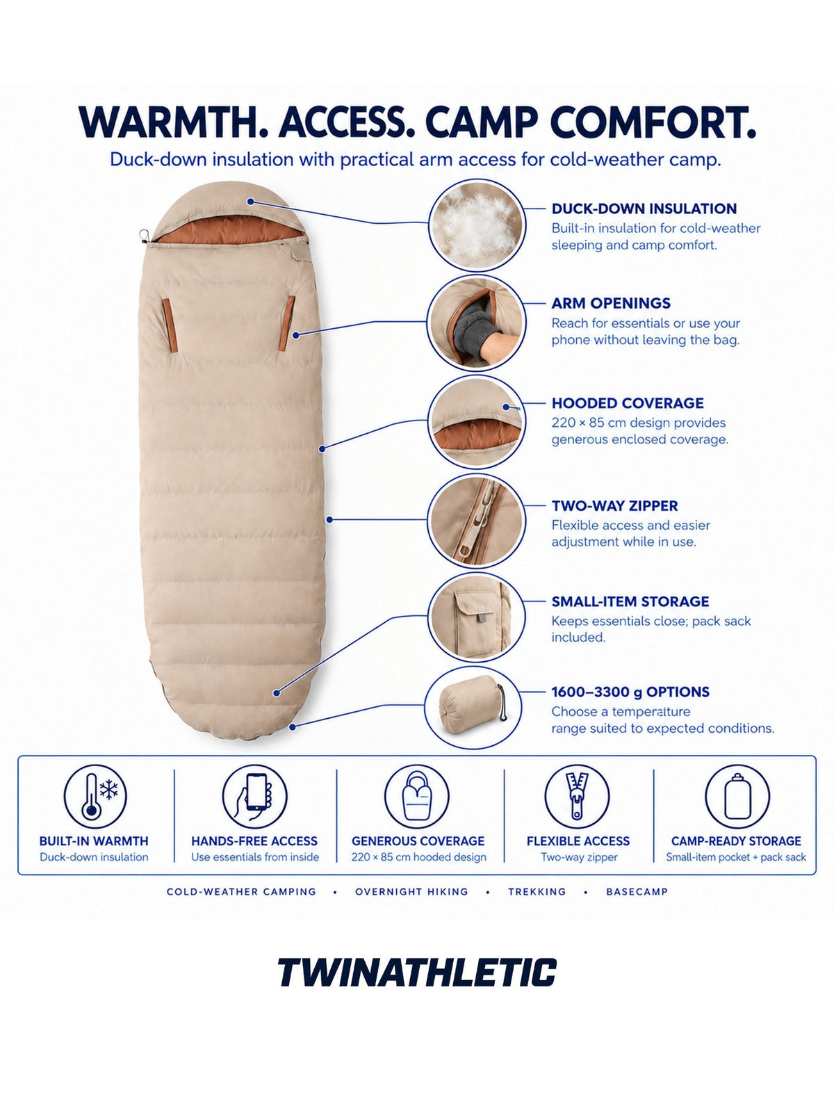 Duck-Down Cold-Weather Sleeping Bag with Arm Openings